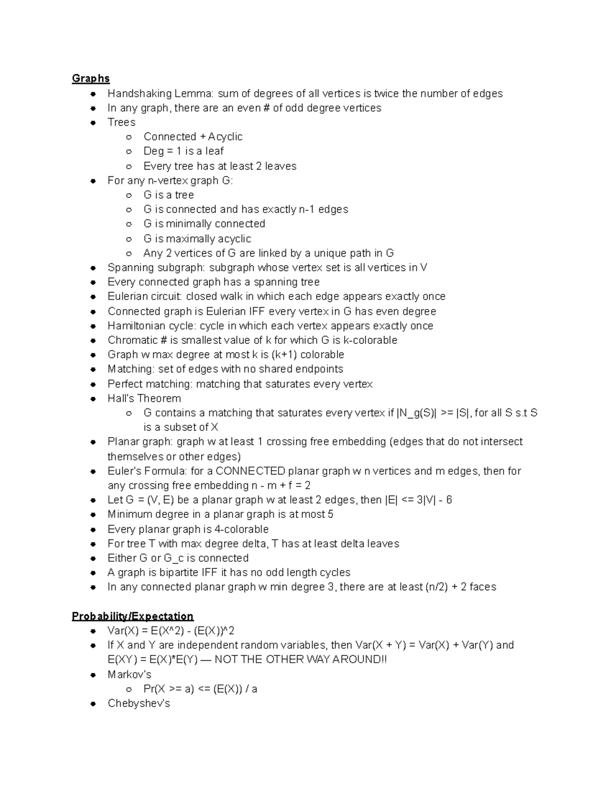 160 Cheat Sheet - Graphs Handshaking Lemma: sum of degrees of all ...
