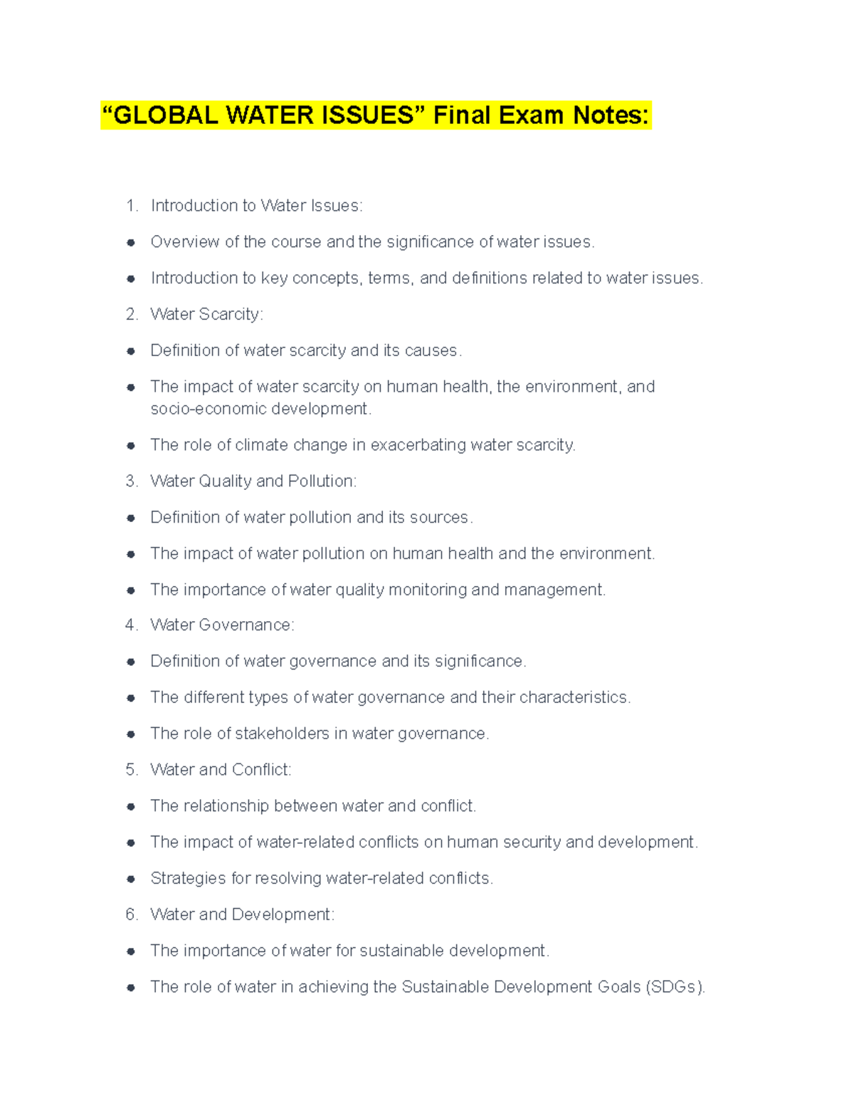 Global Water Issues” Final Exam Notes - “GLOBAL WATER ISSUES” Final ...