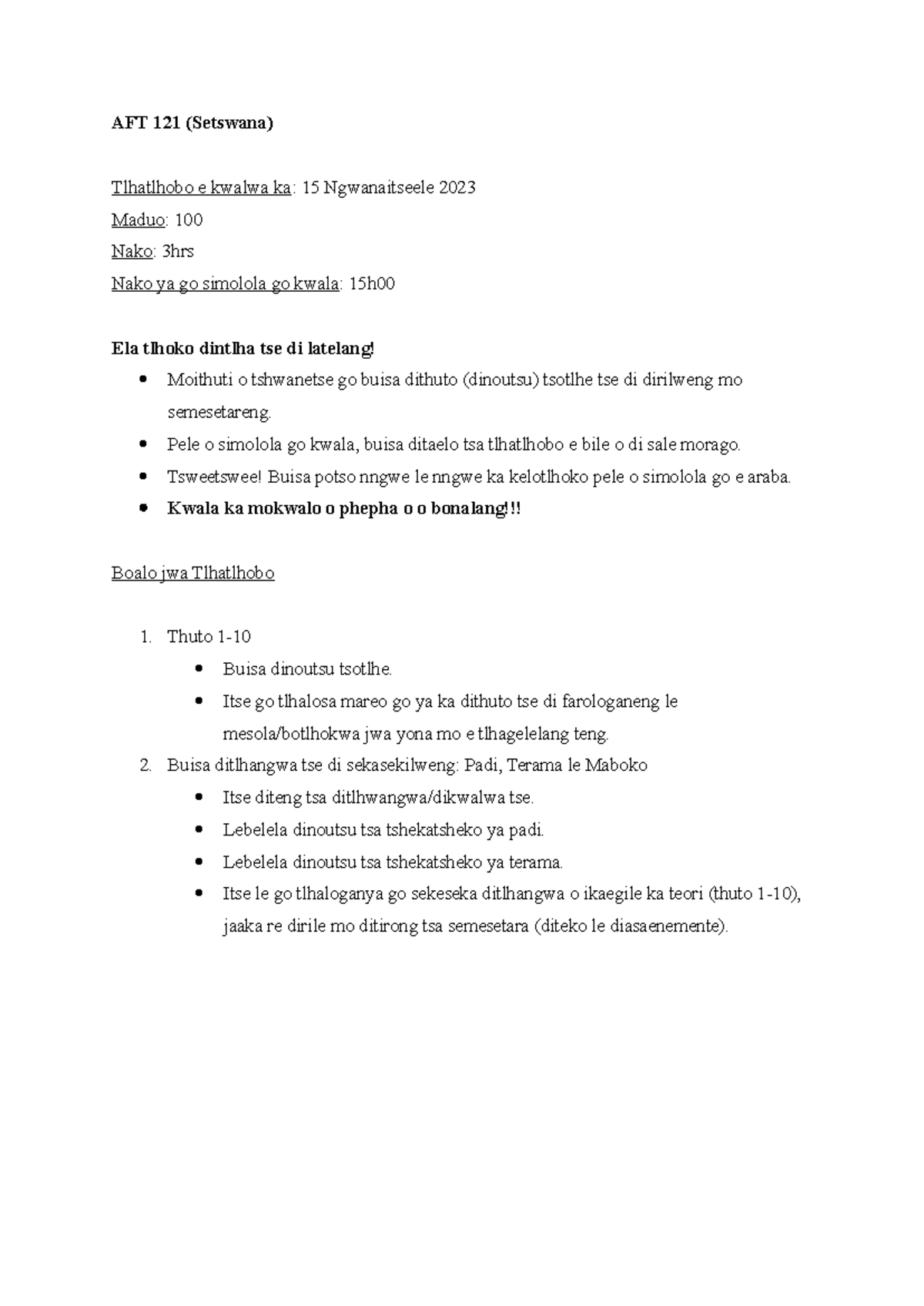 AFT 121 Exam Scope - The work - AFT 121 (Setswana) Tlhatlhobo e kwalwa ...