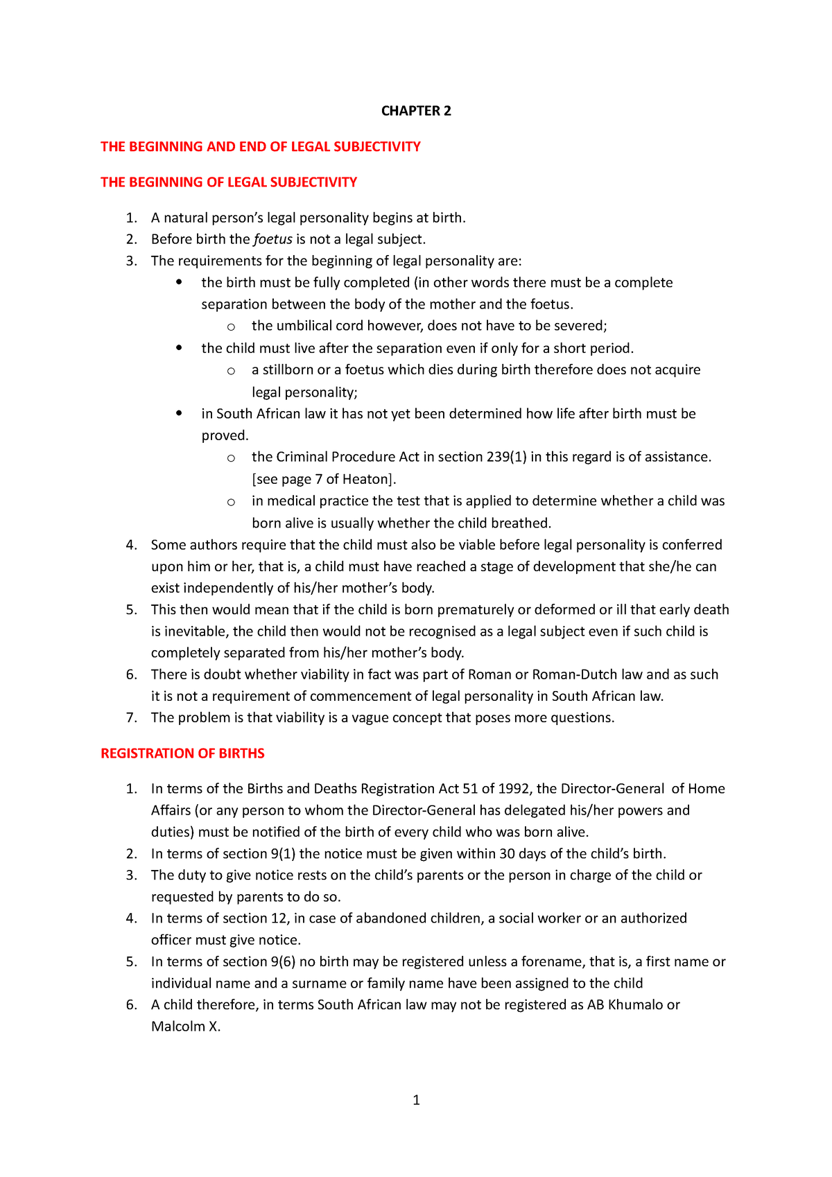 LAW OF Persons - Chapter 2 - CHAPTER 2 THE BEGINNING AND END OF LEGAL ...