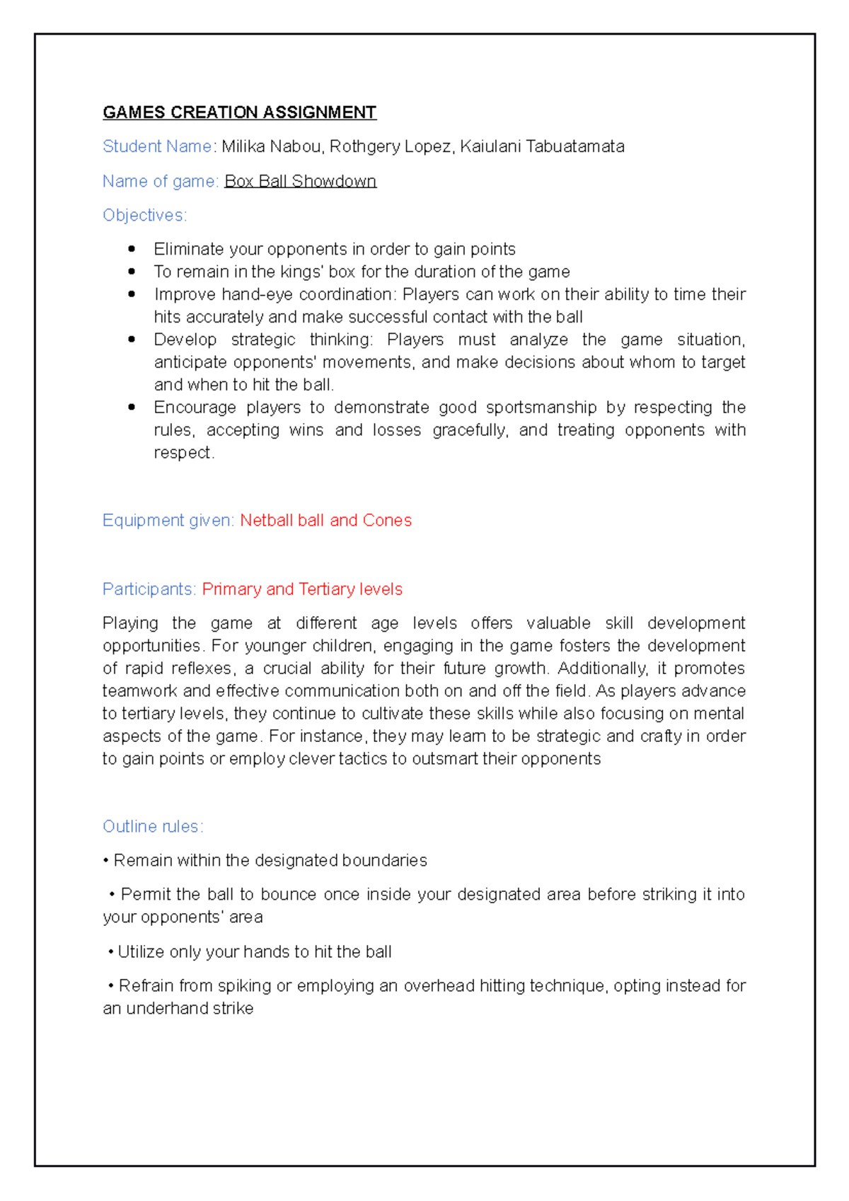Games Creation Assignment - GAMES CREATION ASSIGNMENT Student Name ...