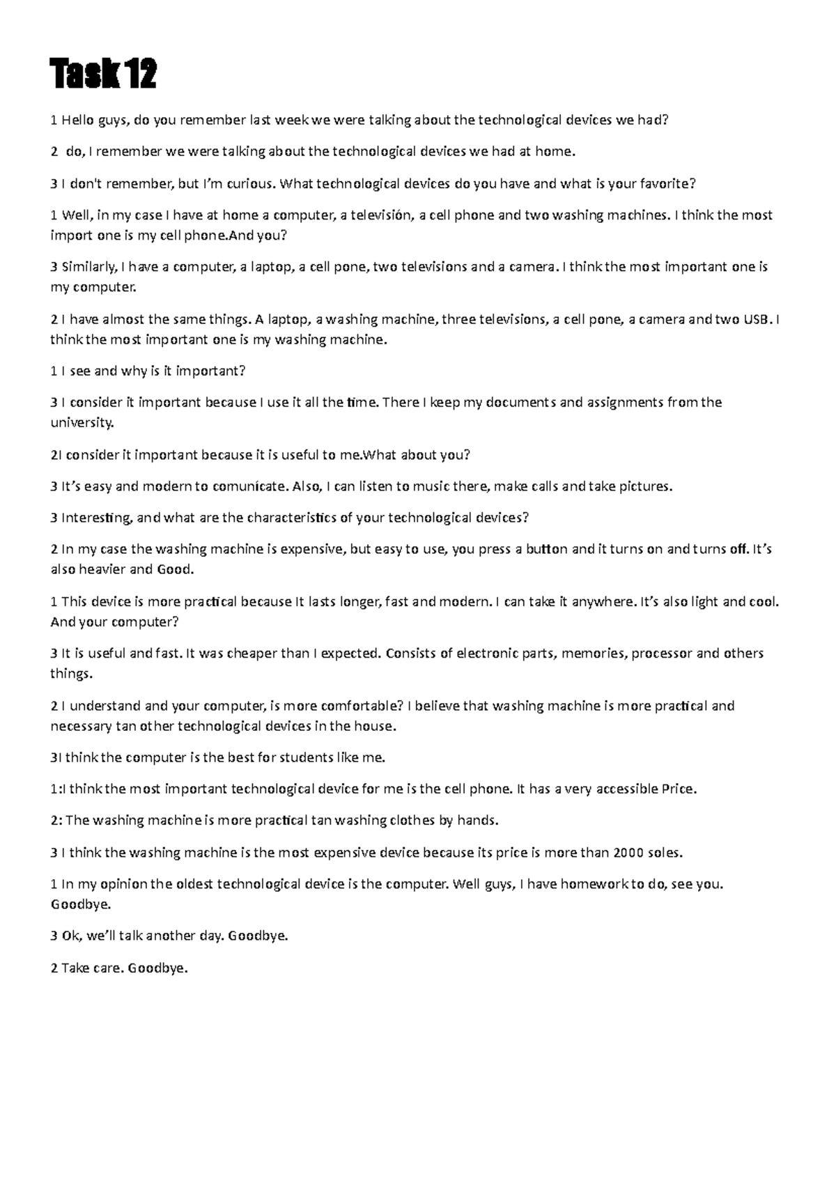 TASk 12 - Task 12 de Ingles :))) - Task 12 1 Hello guys, do you ...