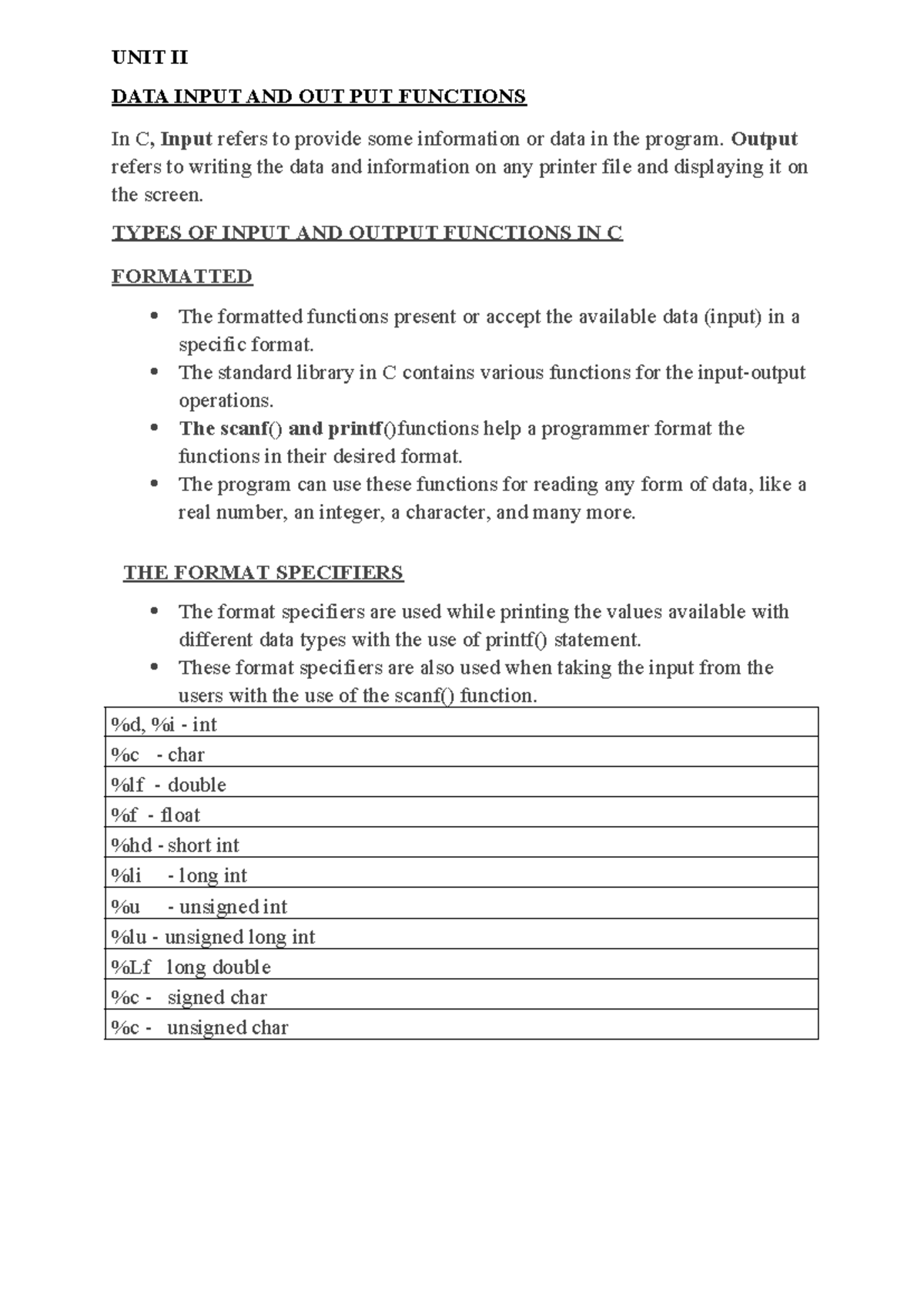 UNIT II-C Notes - UNIT II DATA INPUT AND OUT PUT FUNCTIONS In C, Input ...
