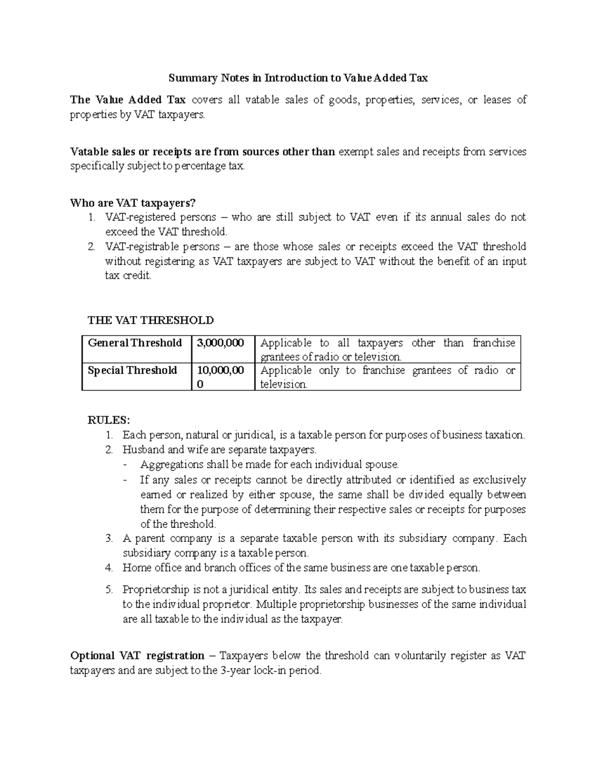 Summary Notes on Introduction to Value Added Tax - Vatable sales or ...