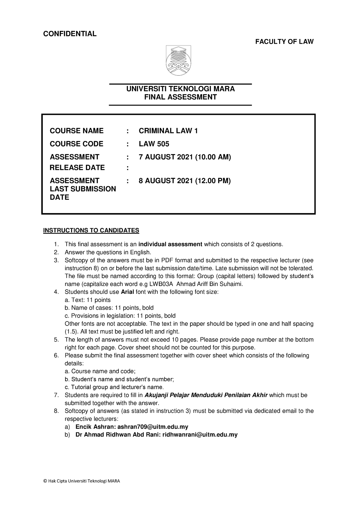 Faculty LAW 2021 Session 1 - Degree LAW505 - CONFIDENTIAL FACULTY OF ...