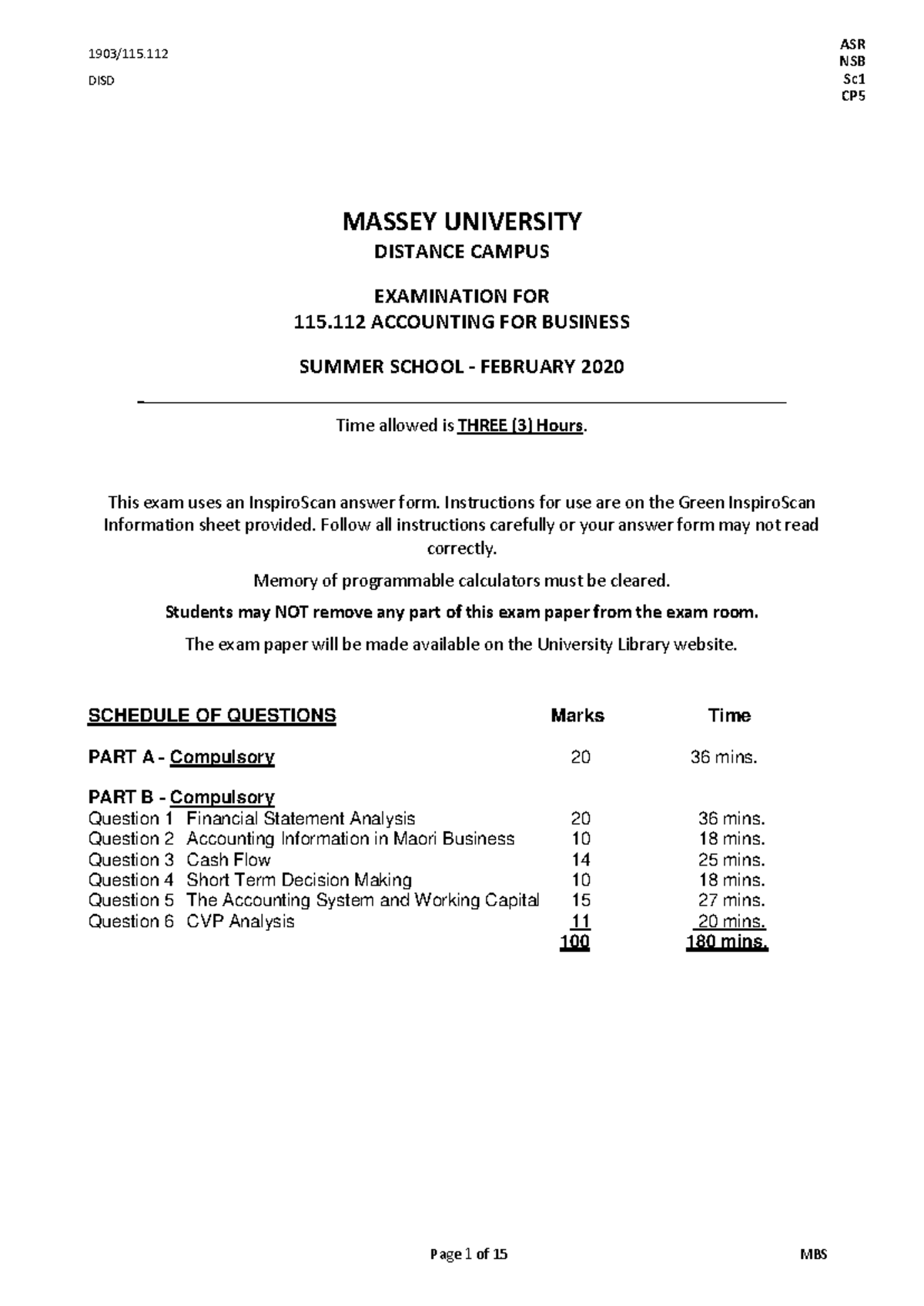 115112 DISD 1903 Past exam S1 2019 Accounting for Business Massey