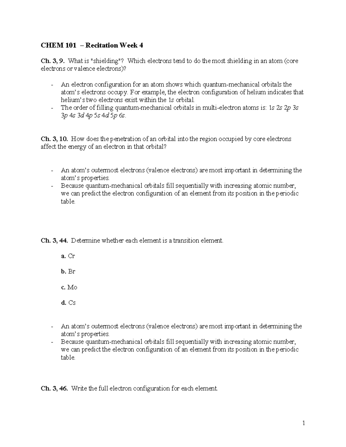 CHEM 101 Recitation Week 4 - CHEM 101 – Recitation Week 4 Ch. 3, 9 ...