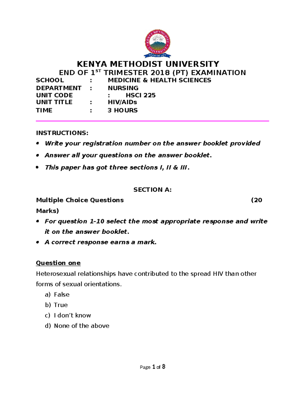 HIV AIDS Evening-PART TIME (HSCI 225) - KENYA METHODIST UNIVERSITY END ...