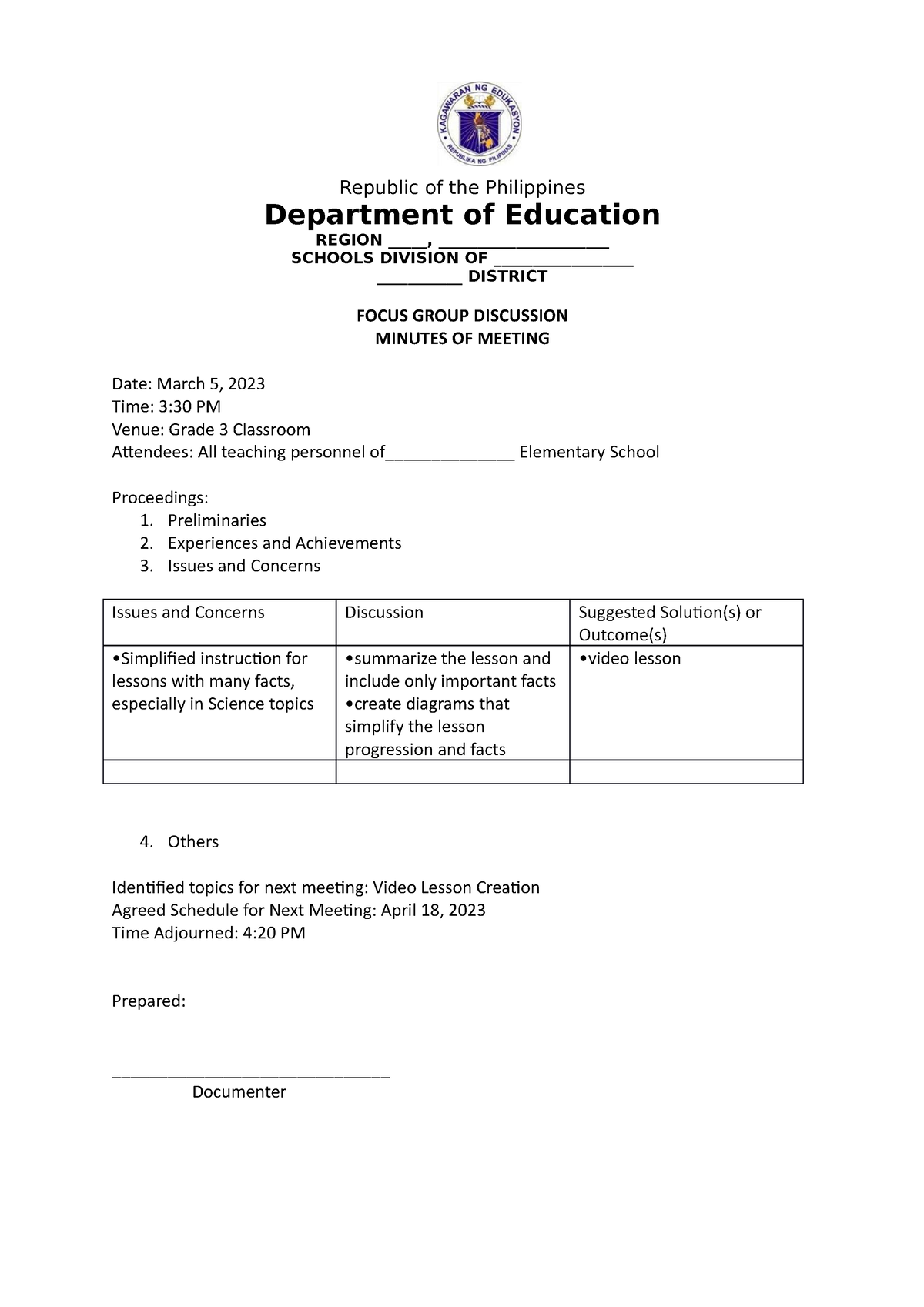 Fgd Minutes Practice Materials For Filipino Republic Of The Philippines Department Of 4809