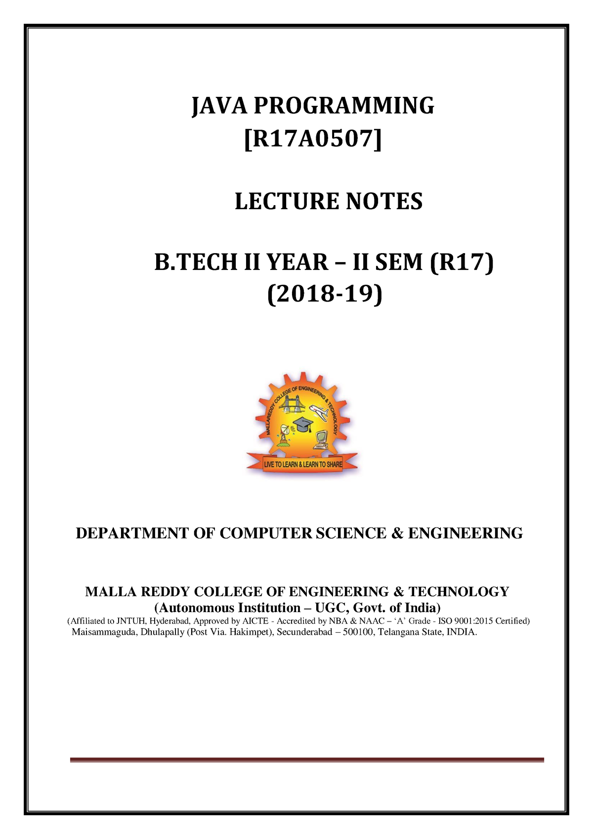 419238071-Java-Programming - JAVA PROGRAMMING [R17A0507] LECTURE NOTES ...