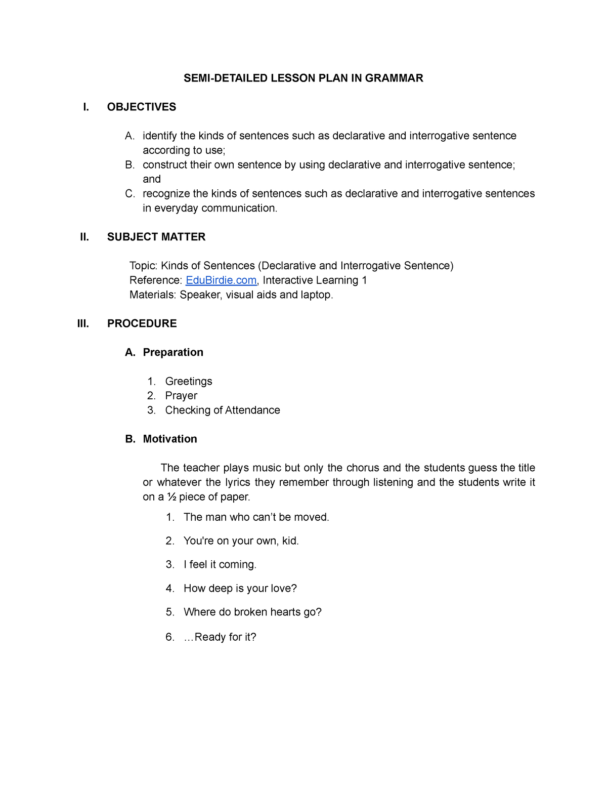 SEMI- Detailed Lesson PLAN IN Grammar - SEMI-DETAILED LESSON PLAN IN ...