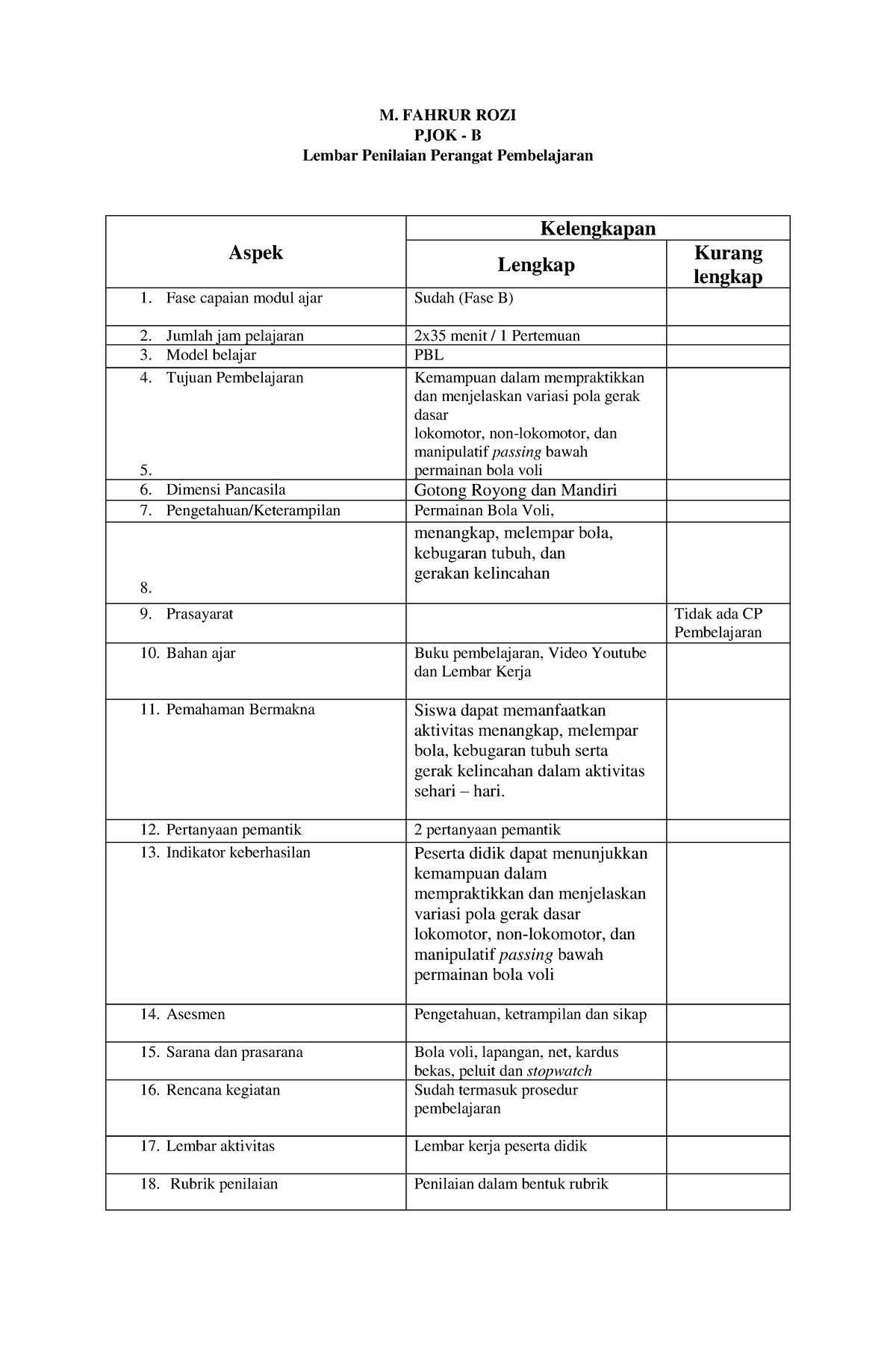 Aksi Nyata Telaah Perangkat Pembelajaran M Fahrur Rozi Pjok B Lembar Penilaian Perangat 