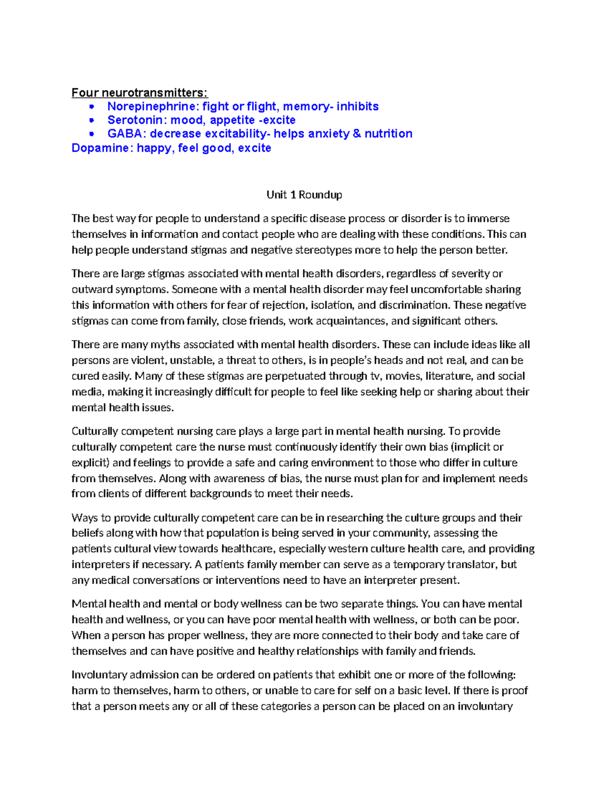 Mental health midterm review - Four neurotransmitters: Norepinephrine ...