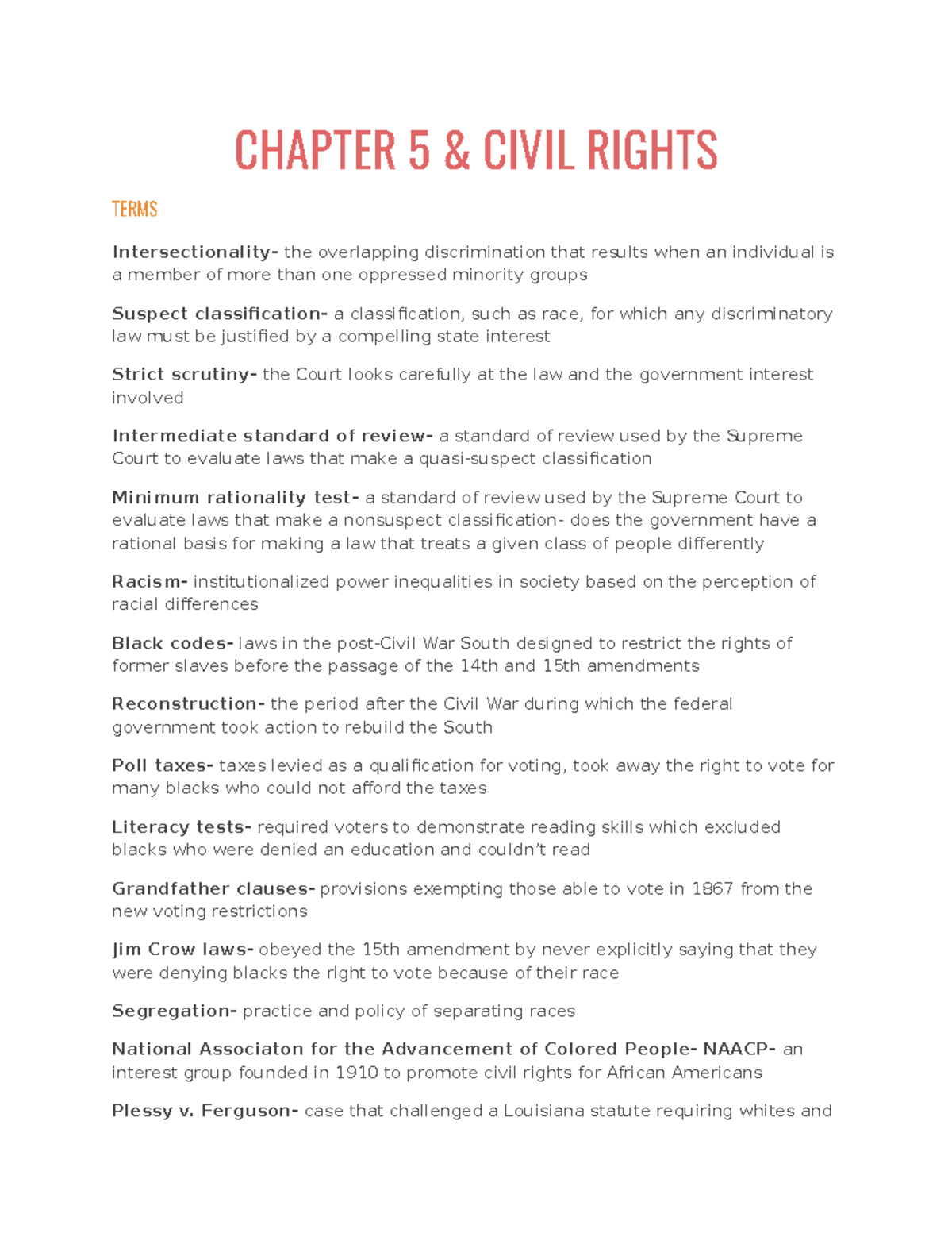 Chapter 5 AND Civil Rights Notes - CHAPTER 5 & CIVIL RIGHTS TERMS ...