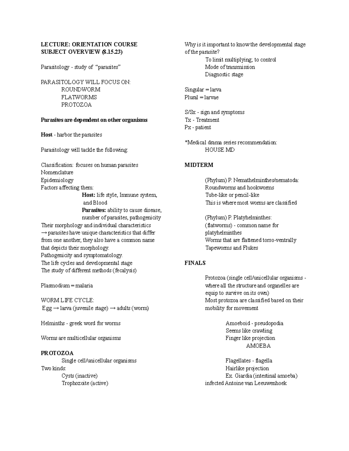 clinical Parasitology - LECTURE: ORIENTATION COURSE SUBJECT OVERVIEW (8 ...