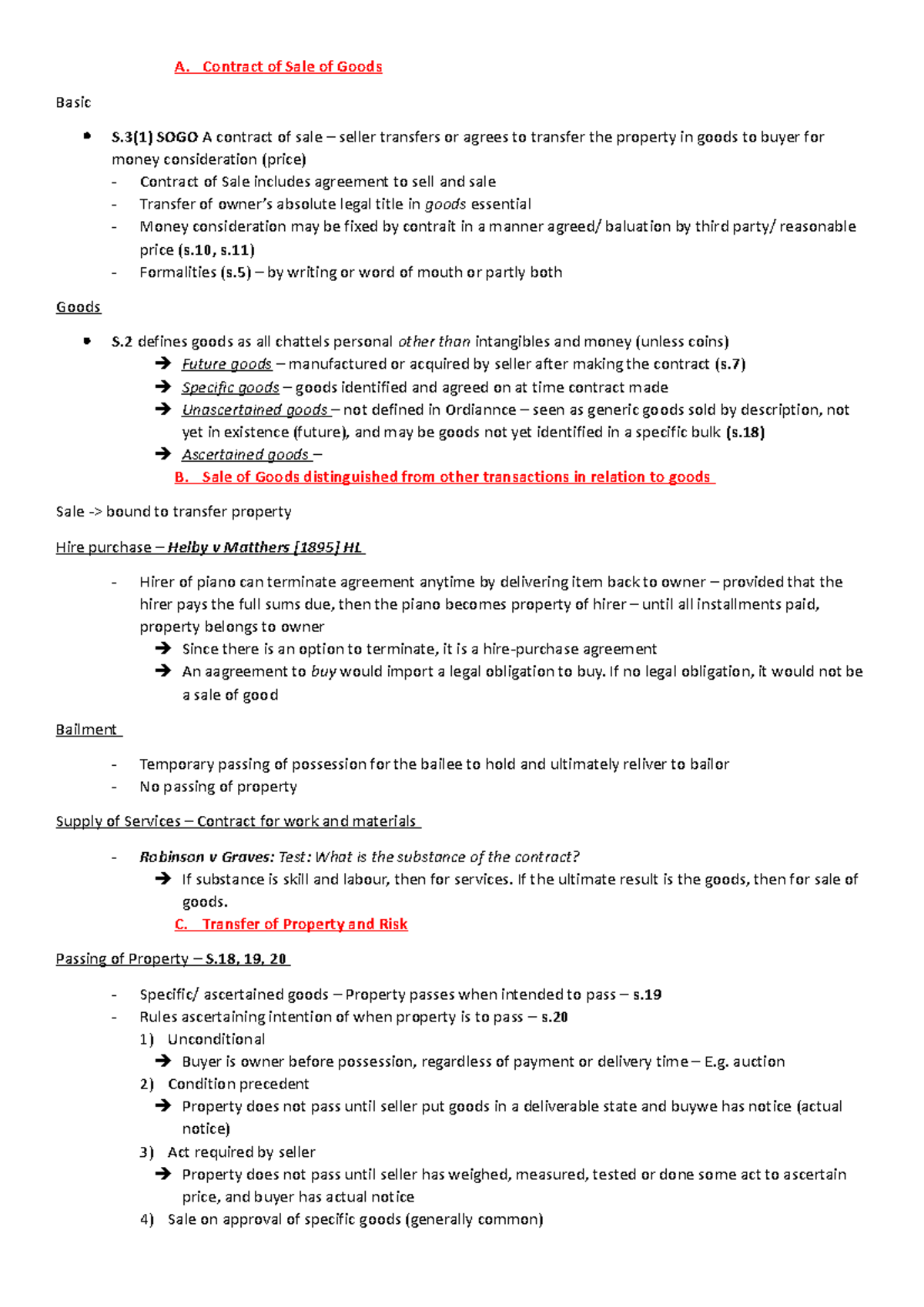 COMM Notes PART A - A. Contract of Sale of Goods Basic S(1) SOGO A ...