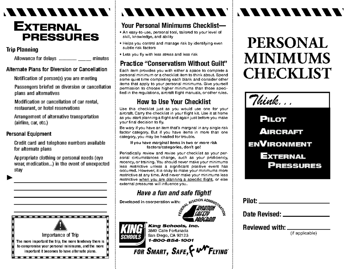Personal Minimums Checklist EXTERNAL PRESSURES Tr ip Planning