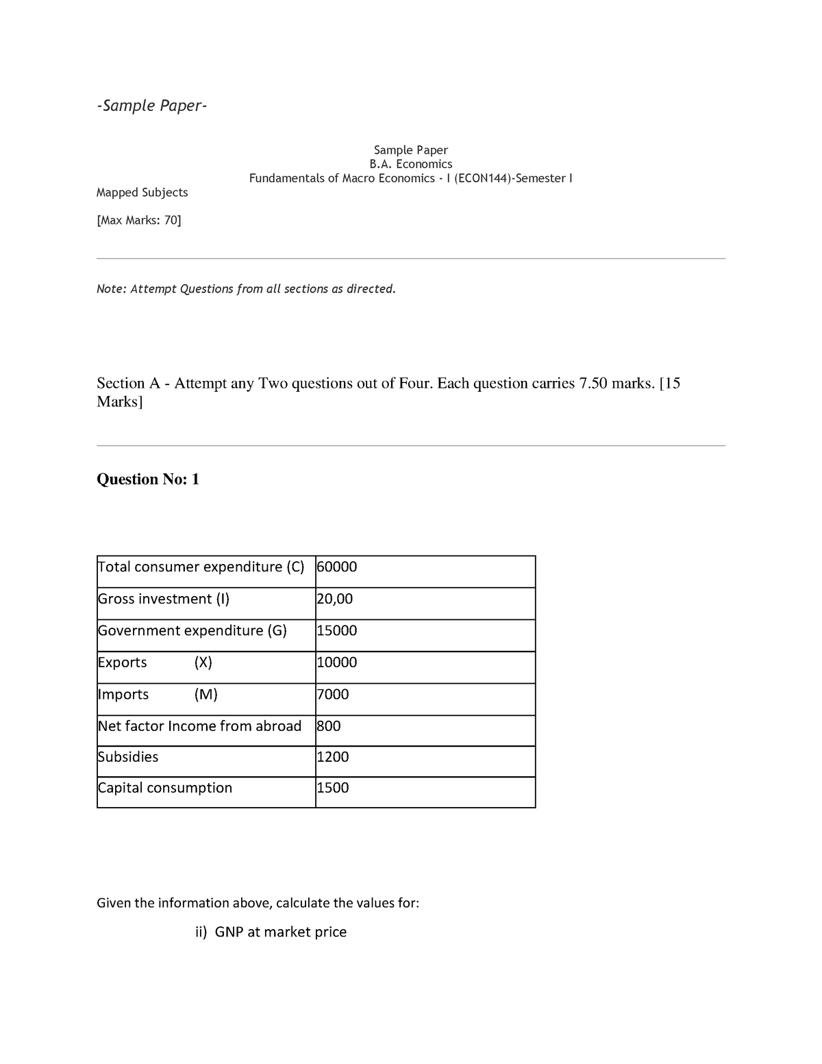 Sample Paper - Fundamental of Macro Economics- I - B.A. Economics ...