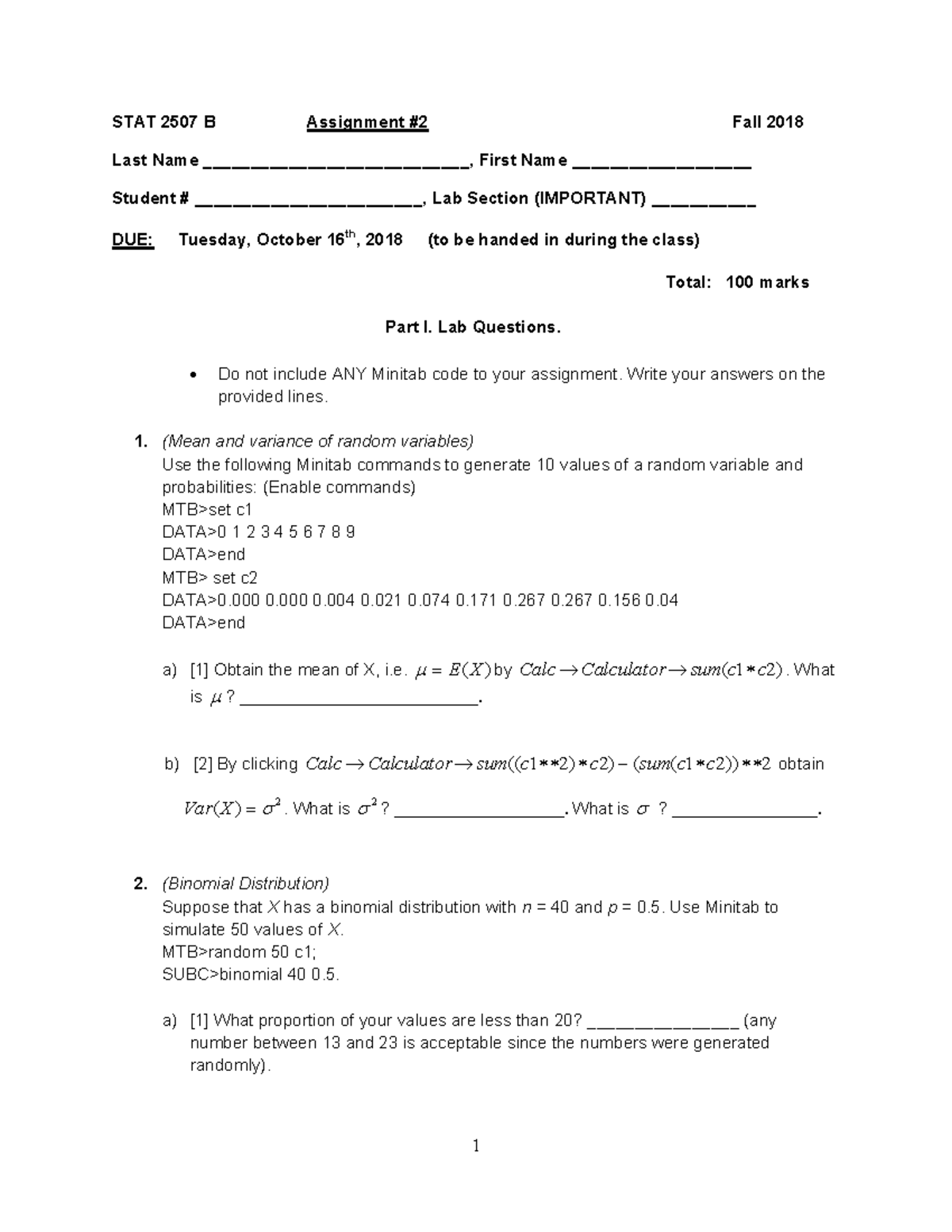 Assignment 2 - STAT 2507 B Assignment #2 Fall 2018 Last Name