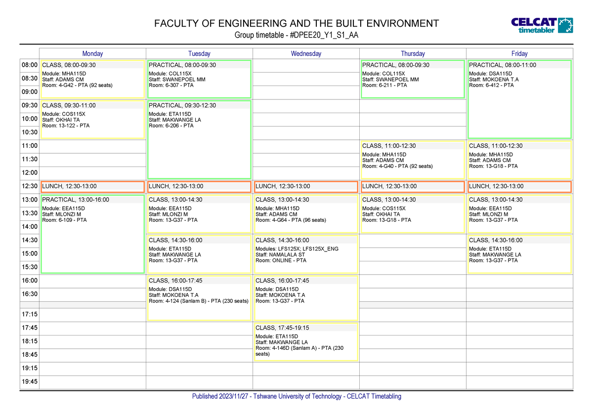 Timetable 2024 - Faculty Of Engineering And The Built Environment Group 