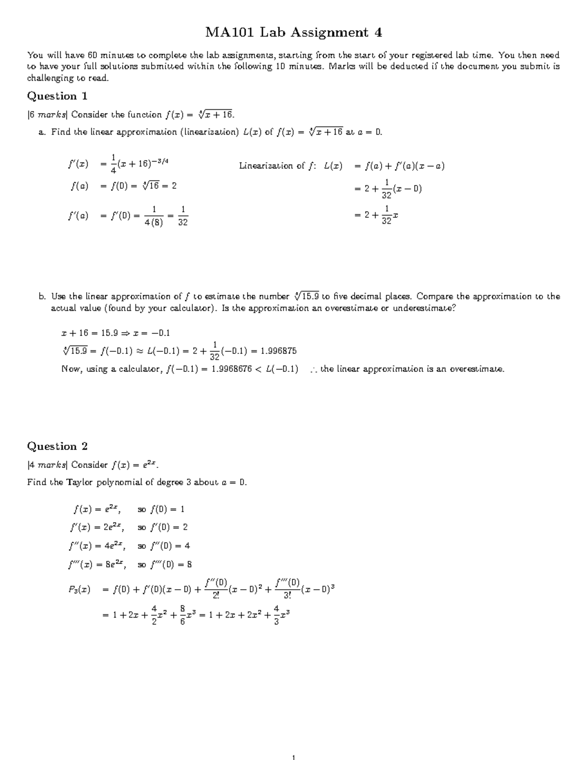 Lab 4 Solutions MA101 Lab Assignment 4 You will have 60 minutes to