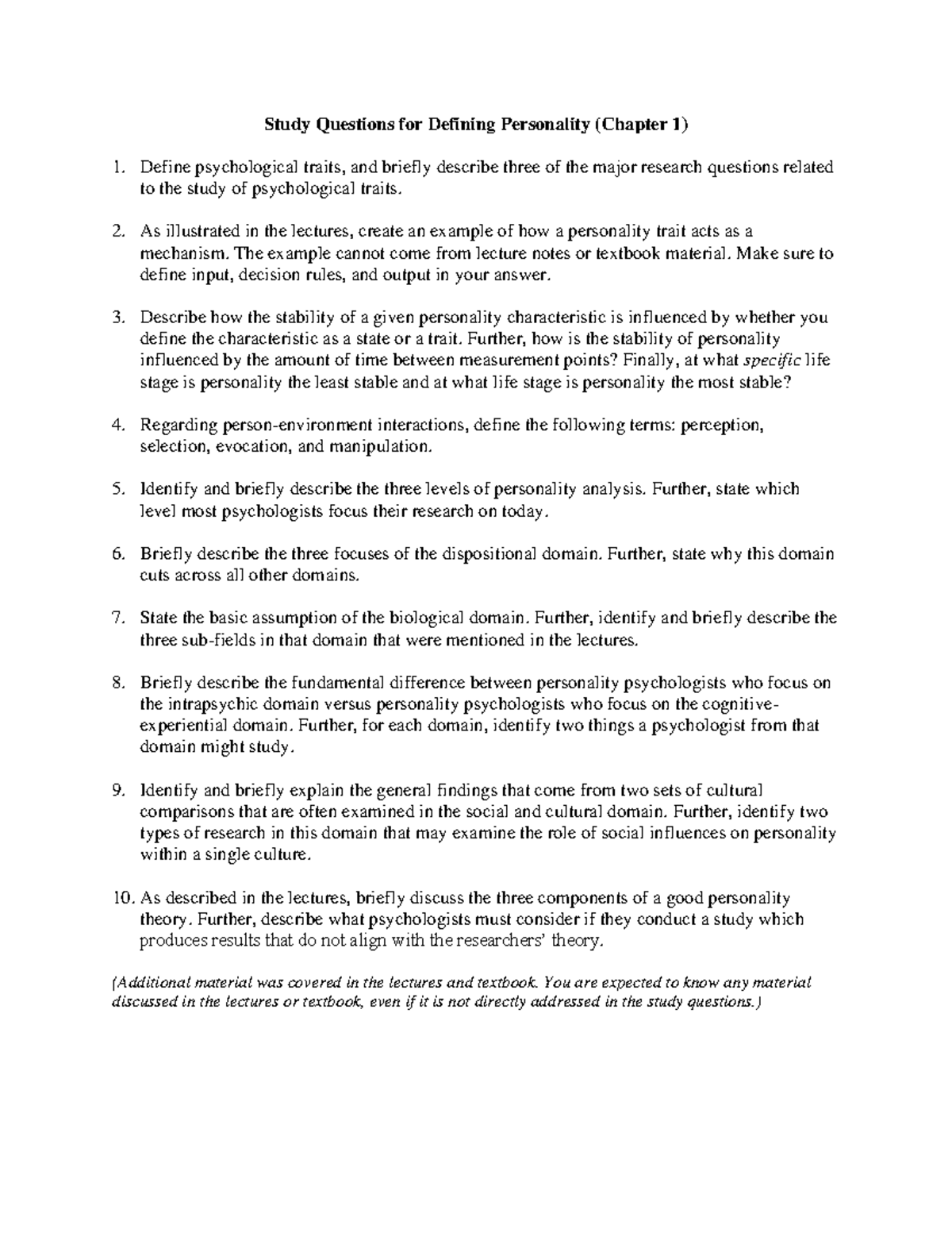 PSYC 233 Study Questions for Chapter 1 - Study Questions for Defining ...