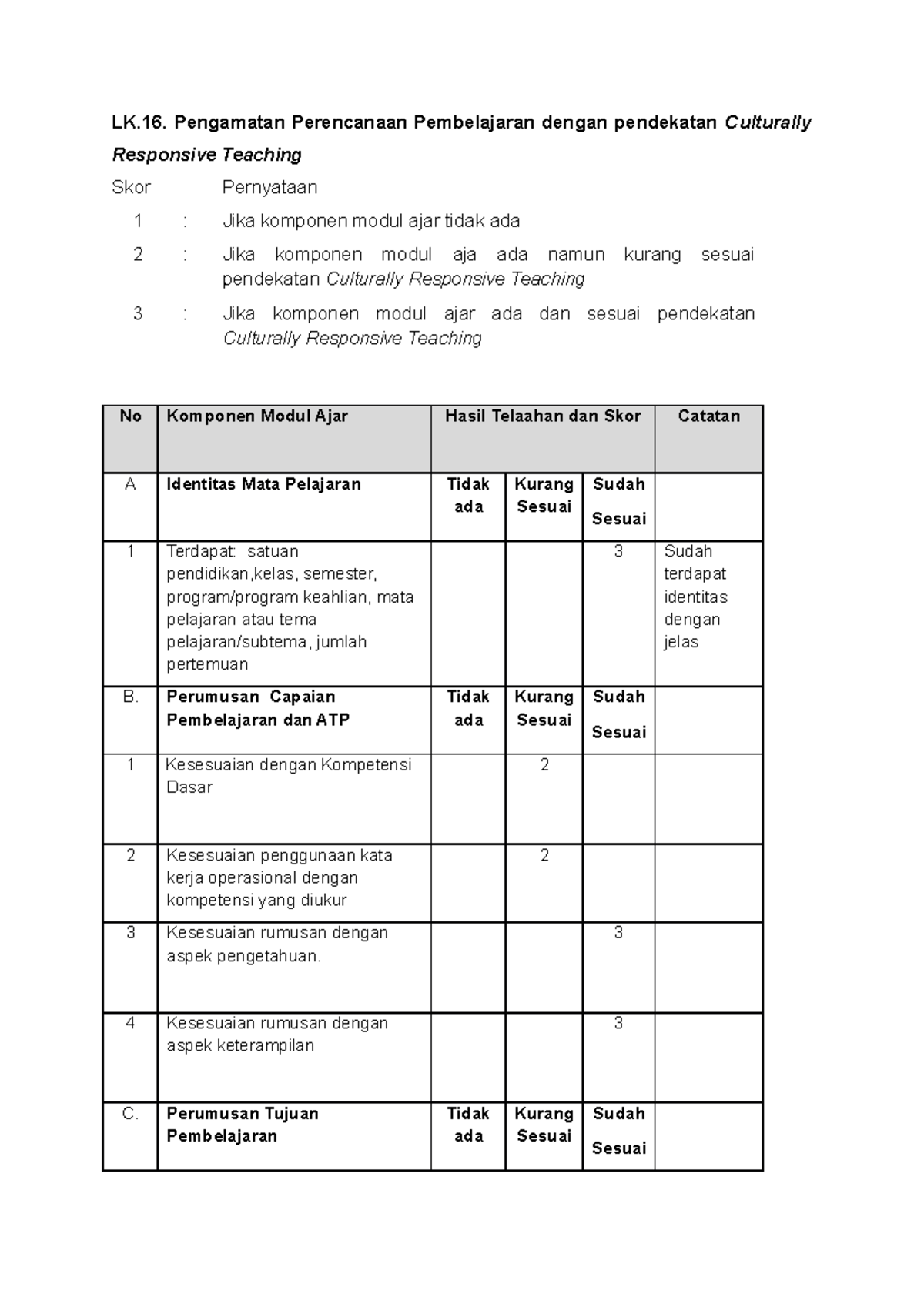 Lk 16 Lk 16 Lk Pengamatan Perencanaan Pembelajaran Dengan Pendekatan Culturally Responsive