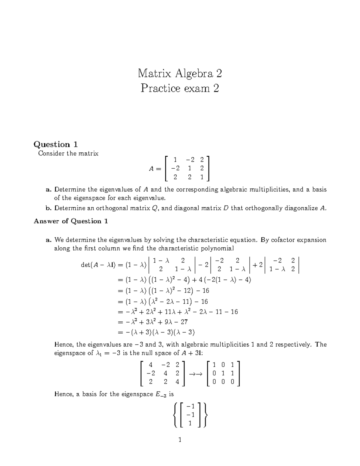 Sample/practice exam 2016, questions and answers - Matrix Algebra 2 ...