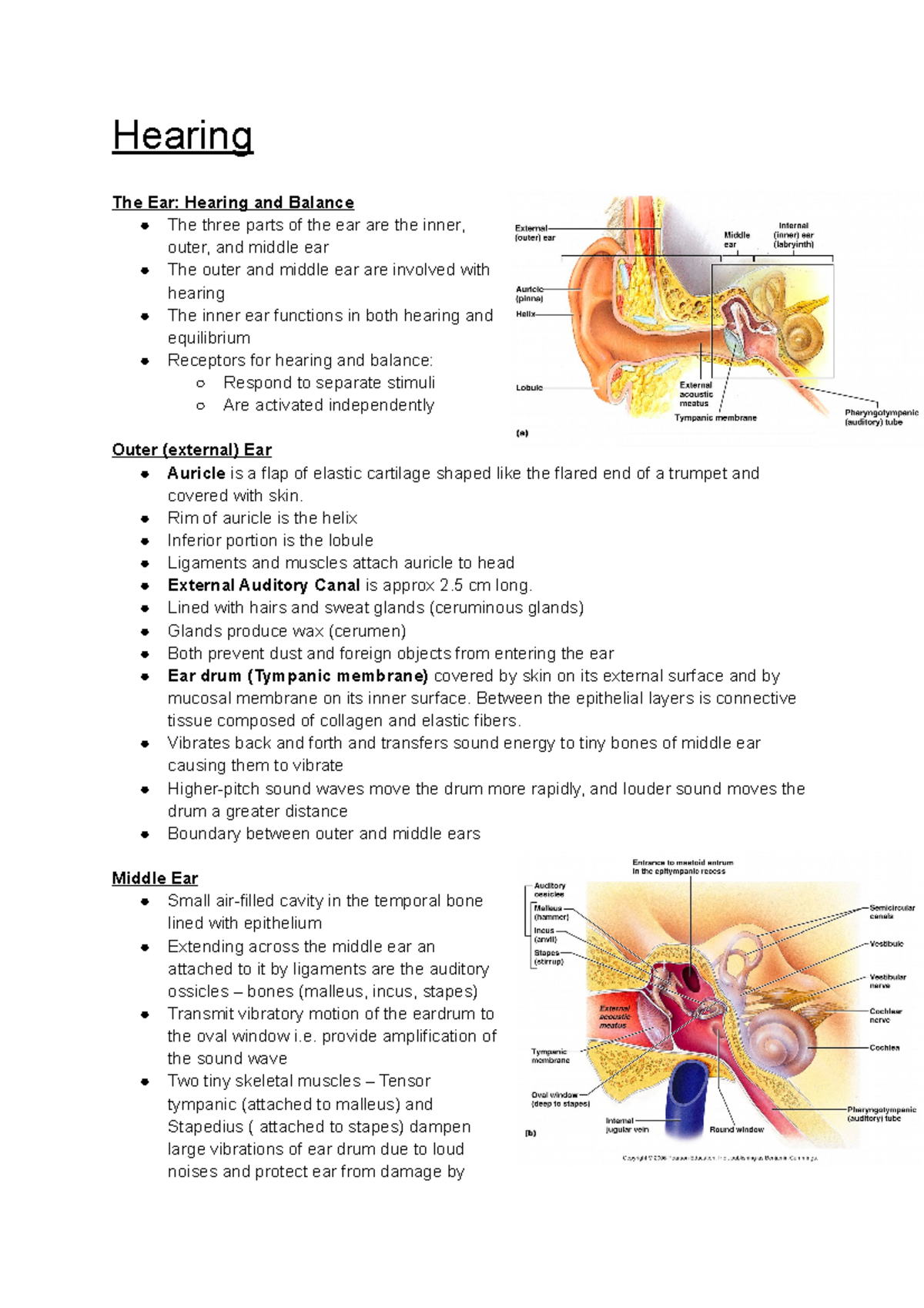 Hearing Summary - Hearing The Ear: Hearing and Balance The three parts ...