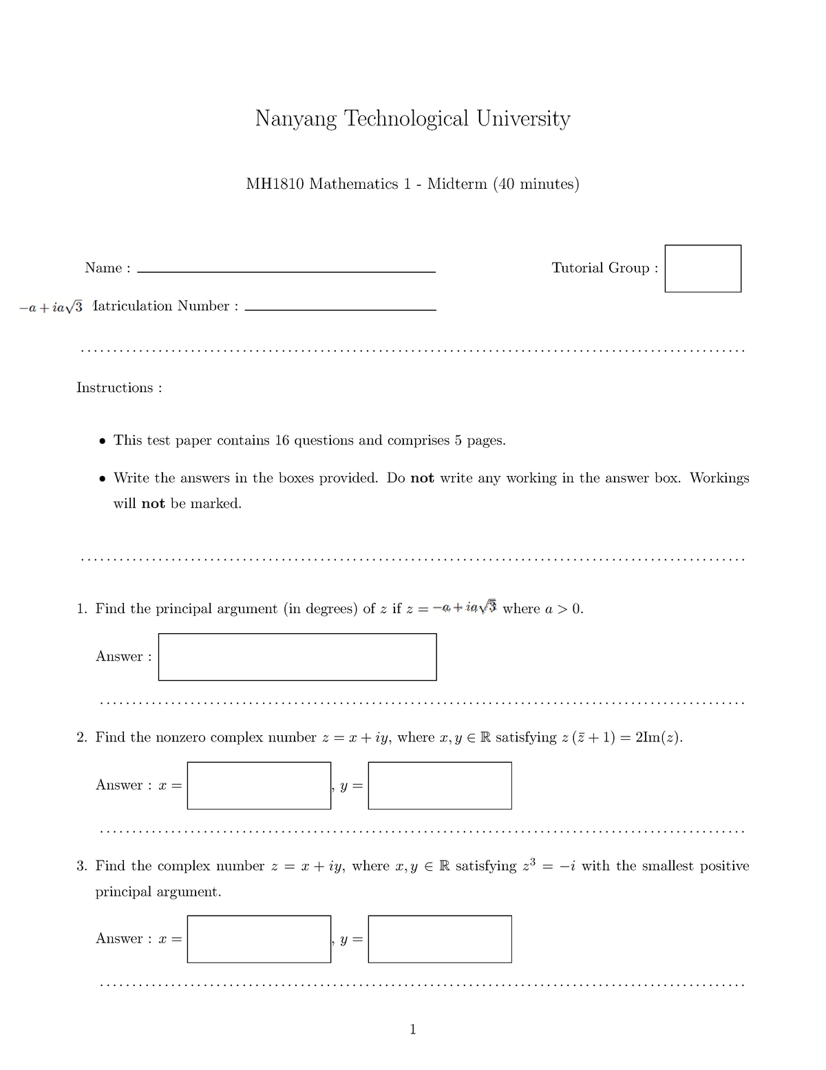 Mathematics 1 Midterm (2021) - Nanyang Technological University MH1810 ...