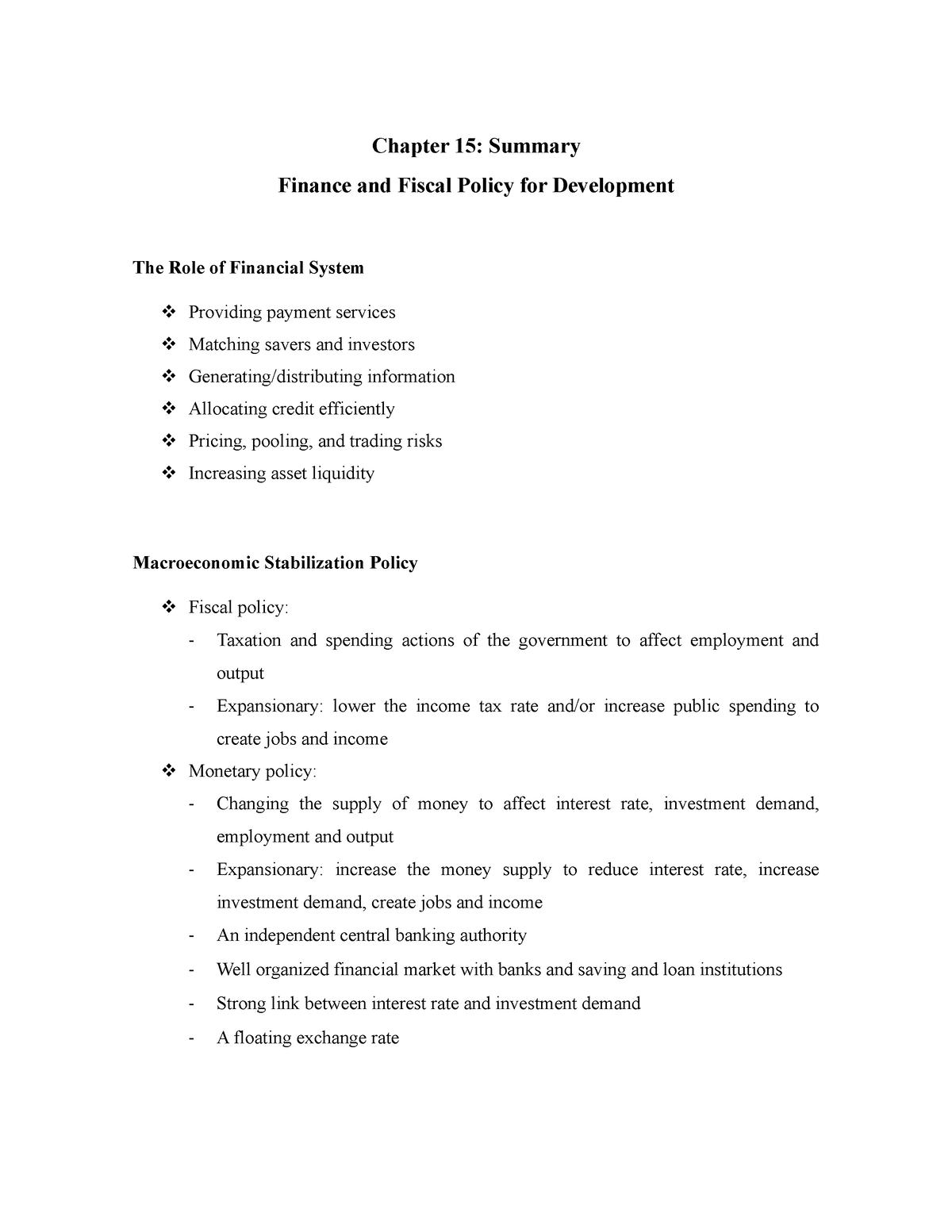 Finance And Fiscal Policy For Development - Chapter 15: Summary Finance ...