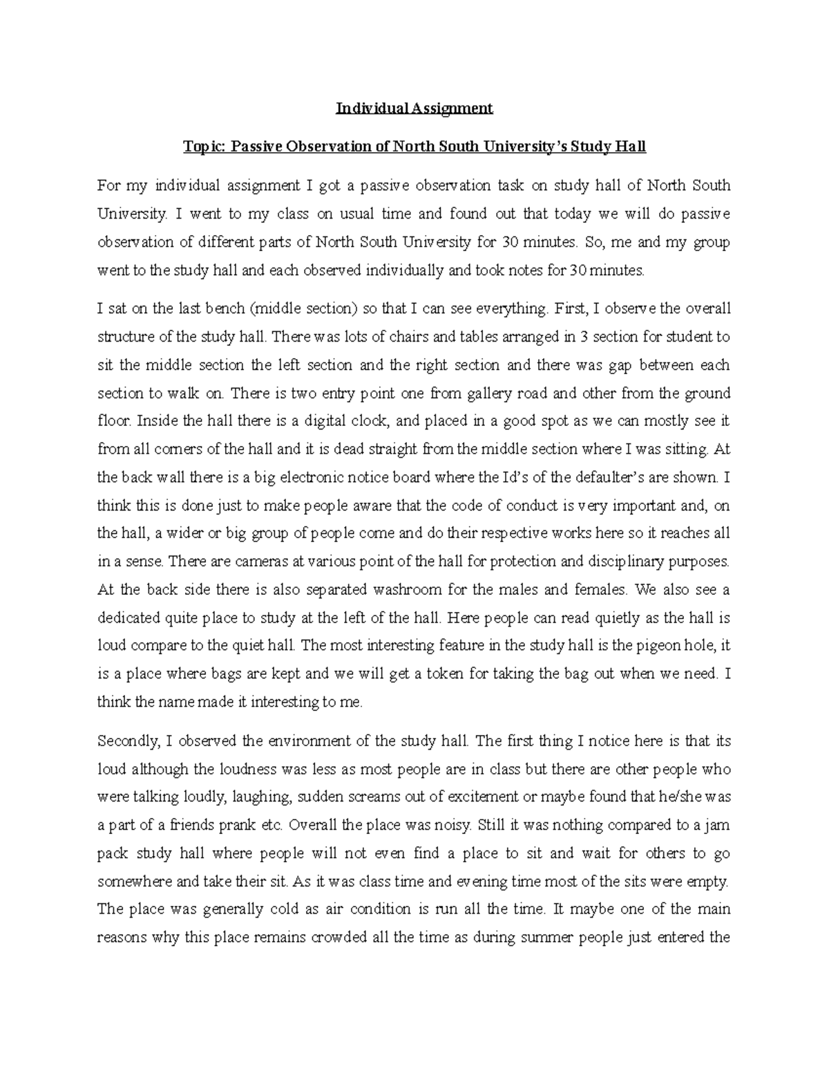 ANT 101 Passive observation Individual Assignment Topic Passive