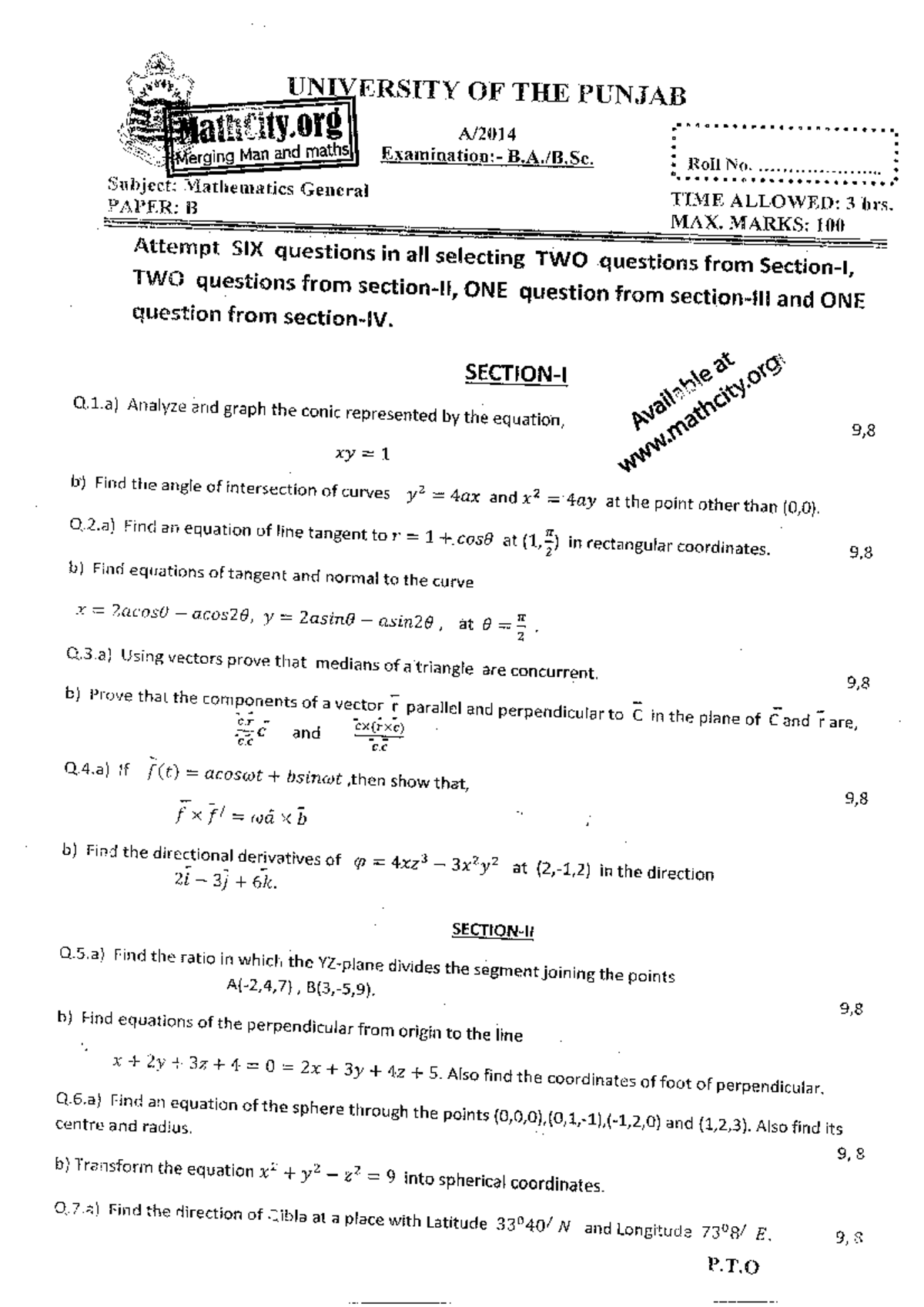 Pu Bsc General Maths B A2014 - PAPER: B MAX. MARKS: 100 ####### UNI ...