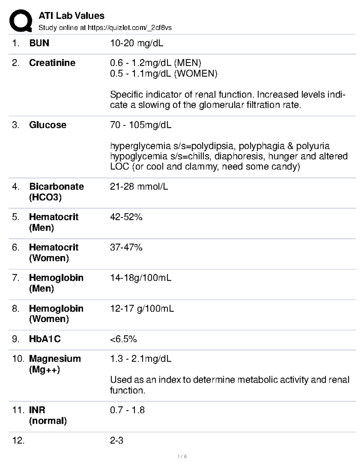 ATI Lab Values - Summary Fundamentals of Nursing Lab - Study online at ...