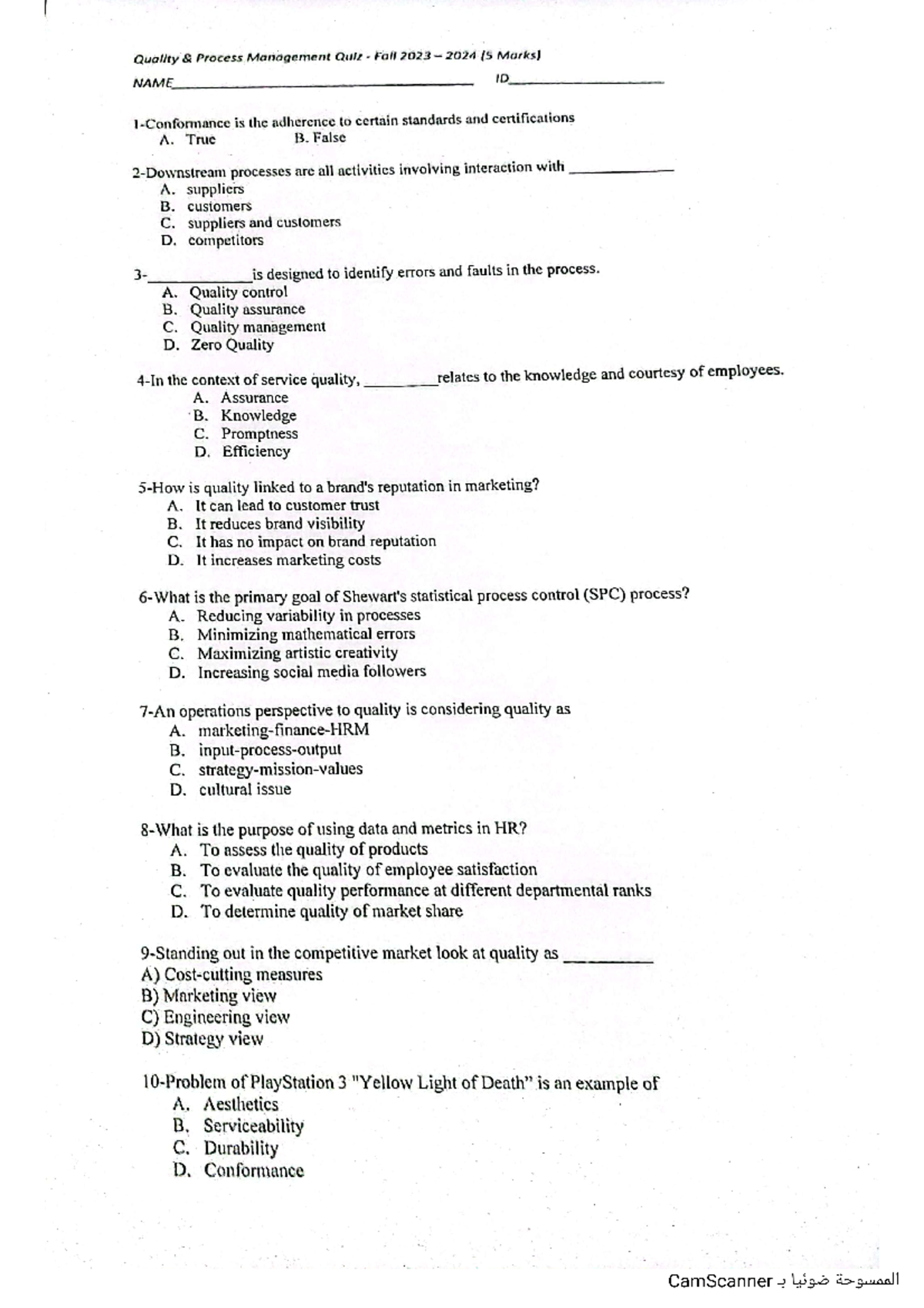 Quality q1 - questions - Quality Process Management Quiz Fall (5 Marks ...
