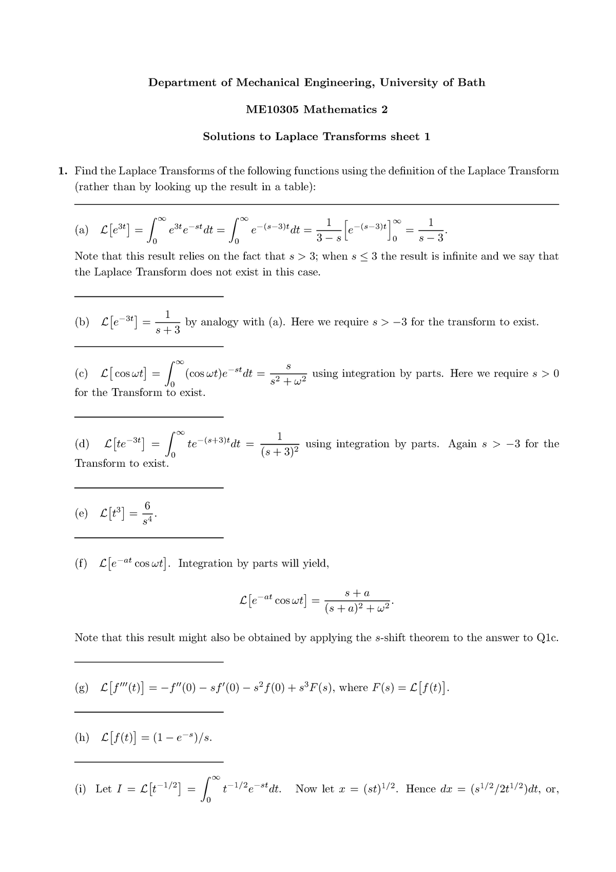 Me10305 2016 2017 Problem Sheet 4 Laplace Transforms 1