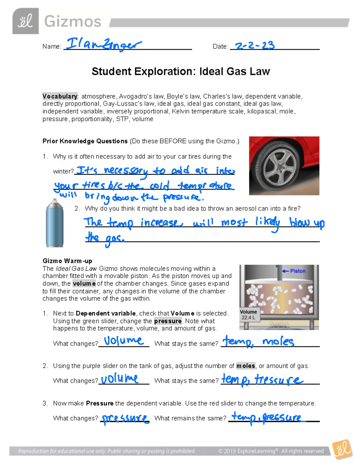 Gizmo Ideal Gas Laws Name Date Student Exploration Ideal Gas Law