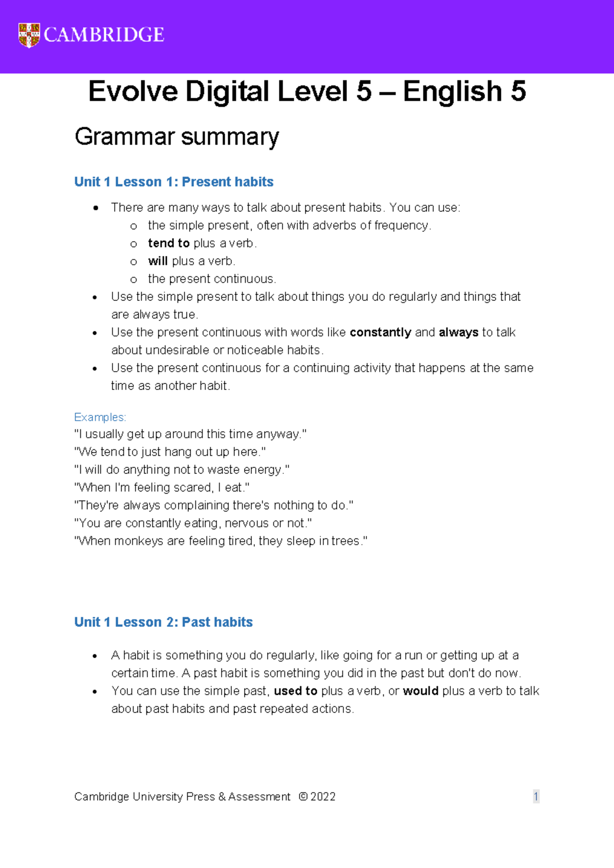 Unit 1 - E5 - Grammar - APUNTES - Cambridge University Press ...