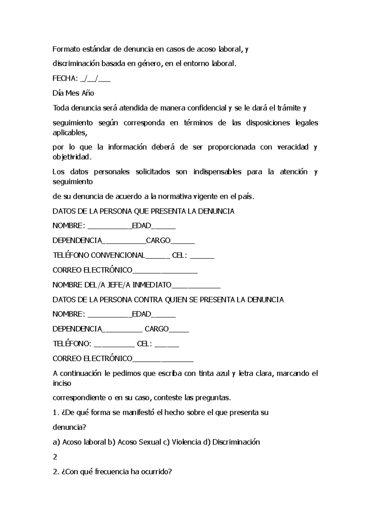Escrito De Denuncia Por Delito De Acoso Laboral – WEOS