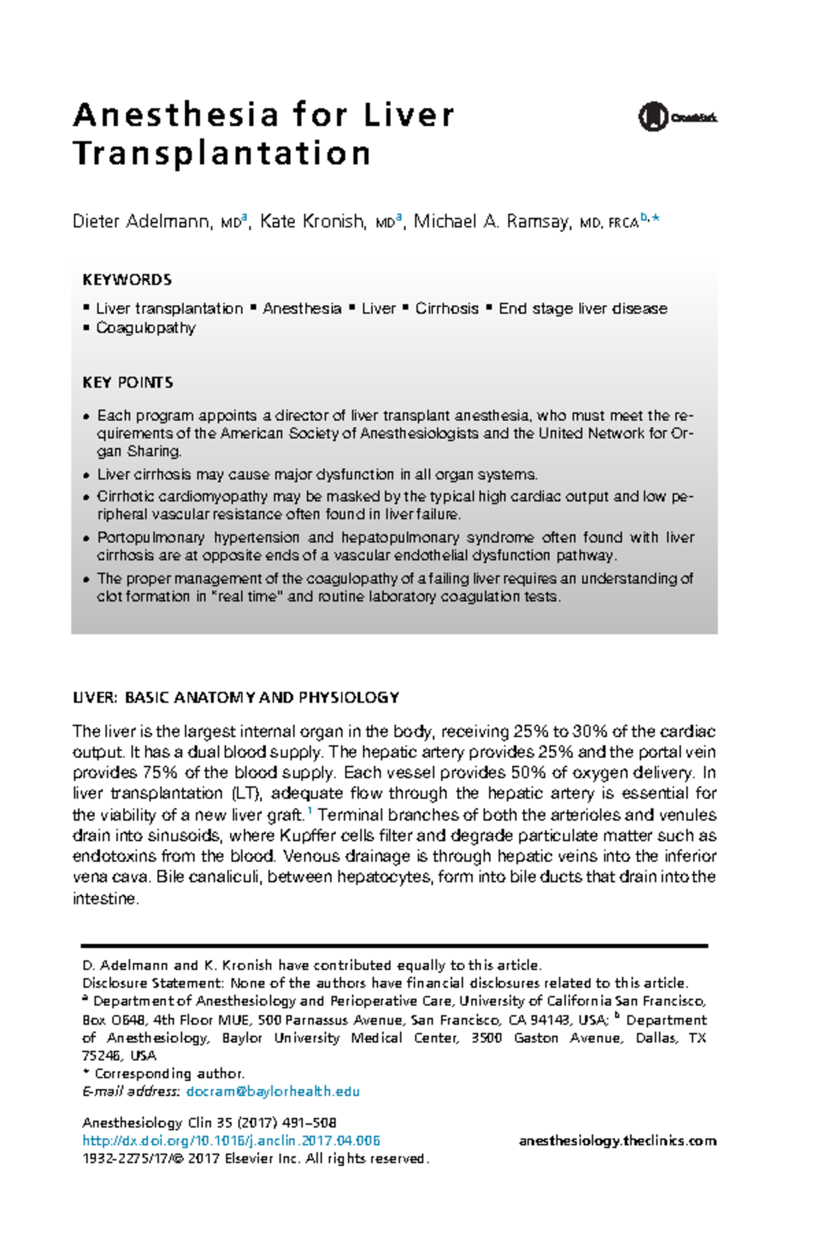 AnesthesiaforLiverTransplantation AnesthesiologyClinics A n e s t