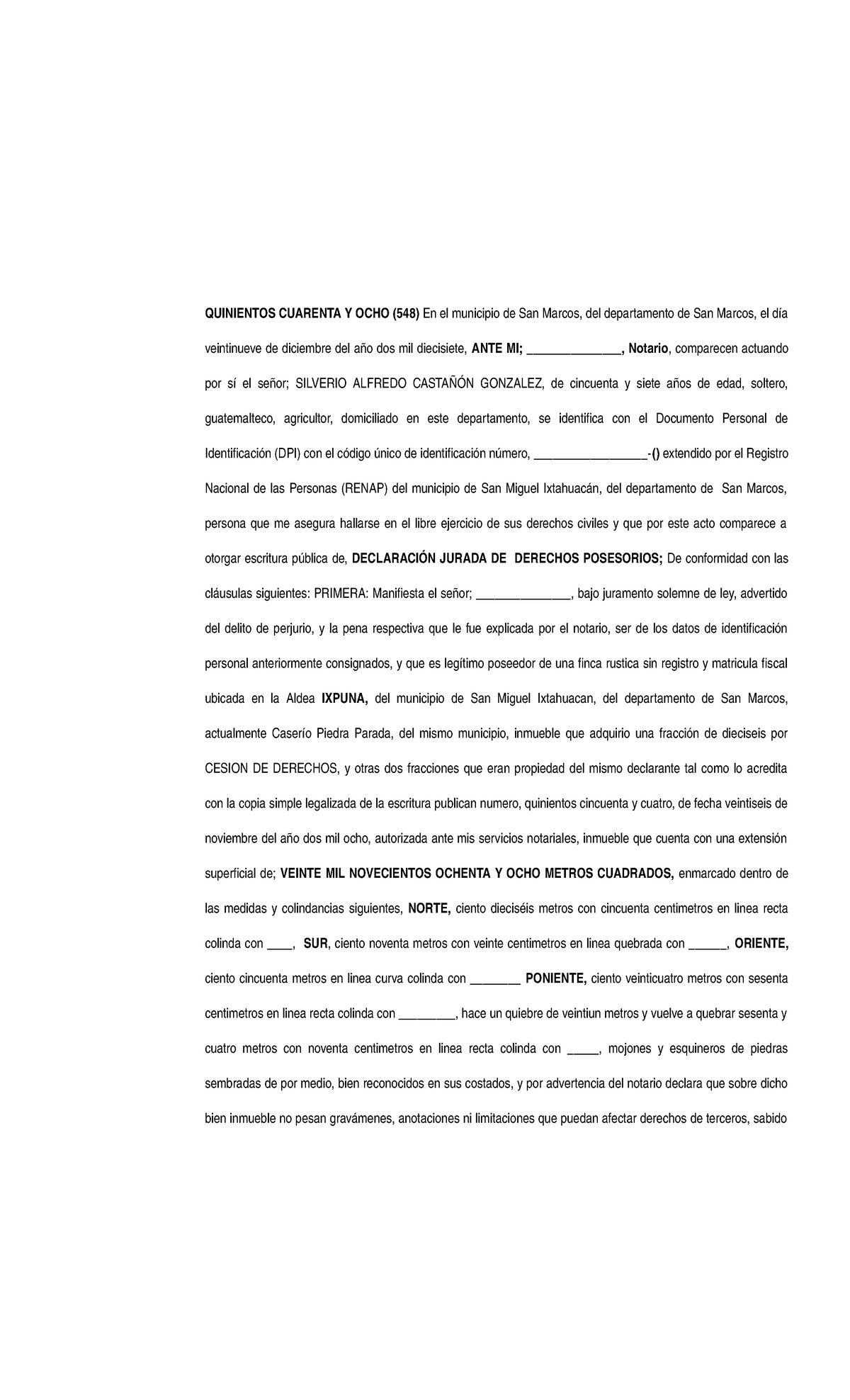 DECLARACION JURADA DE DERECHOS POSESORIOS DE BIEN INMUEBLE - QUINIENTOS  CUARENTA Y OCHO (548) En el - Studocu