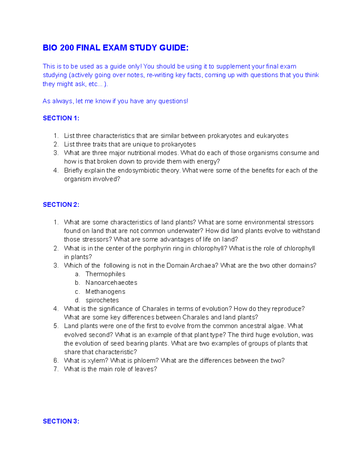 Copy of BIO 200 Final EXAM Study Guide - BIO 200 FINAL EXAM STUDY GUIDE ...