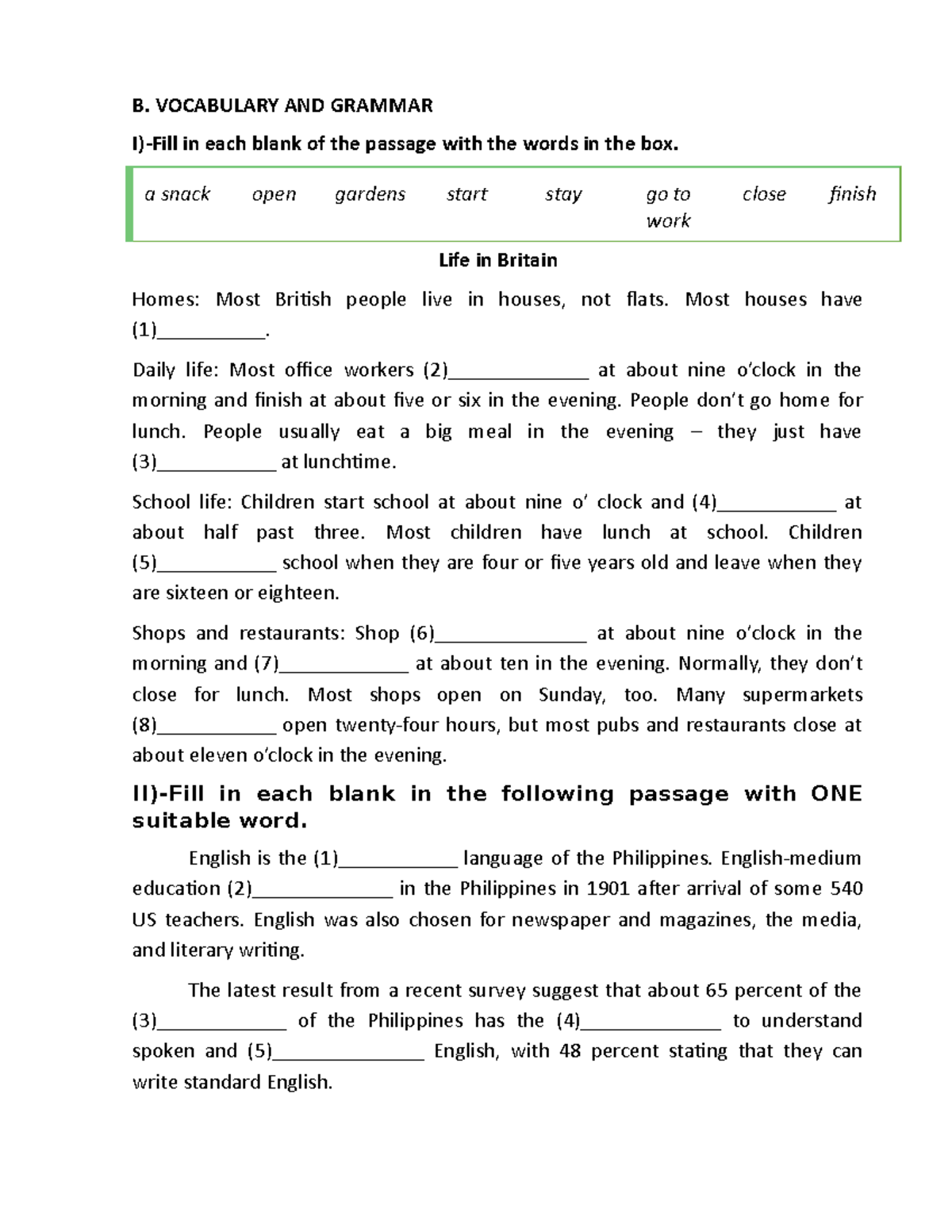 ĐT - TEST UNIT 8 - Test - B. VOCABULARY AND GRAMMAR I)-Fill In Each ...