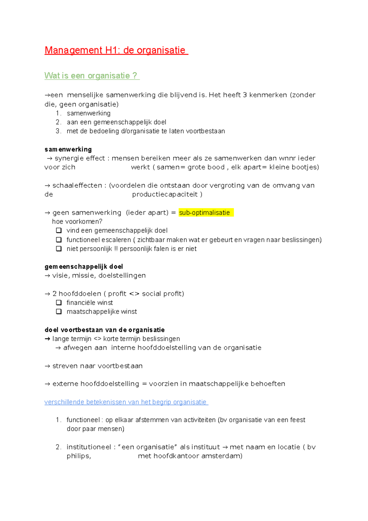 Thema 1,2 - H1 En 2 - Management H1: De Organisatie Wat Is Een ...