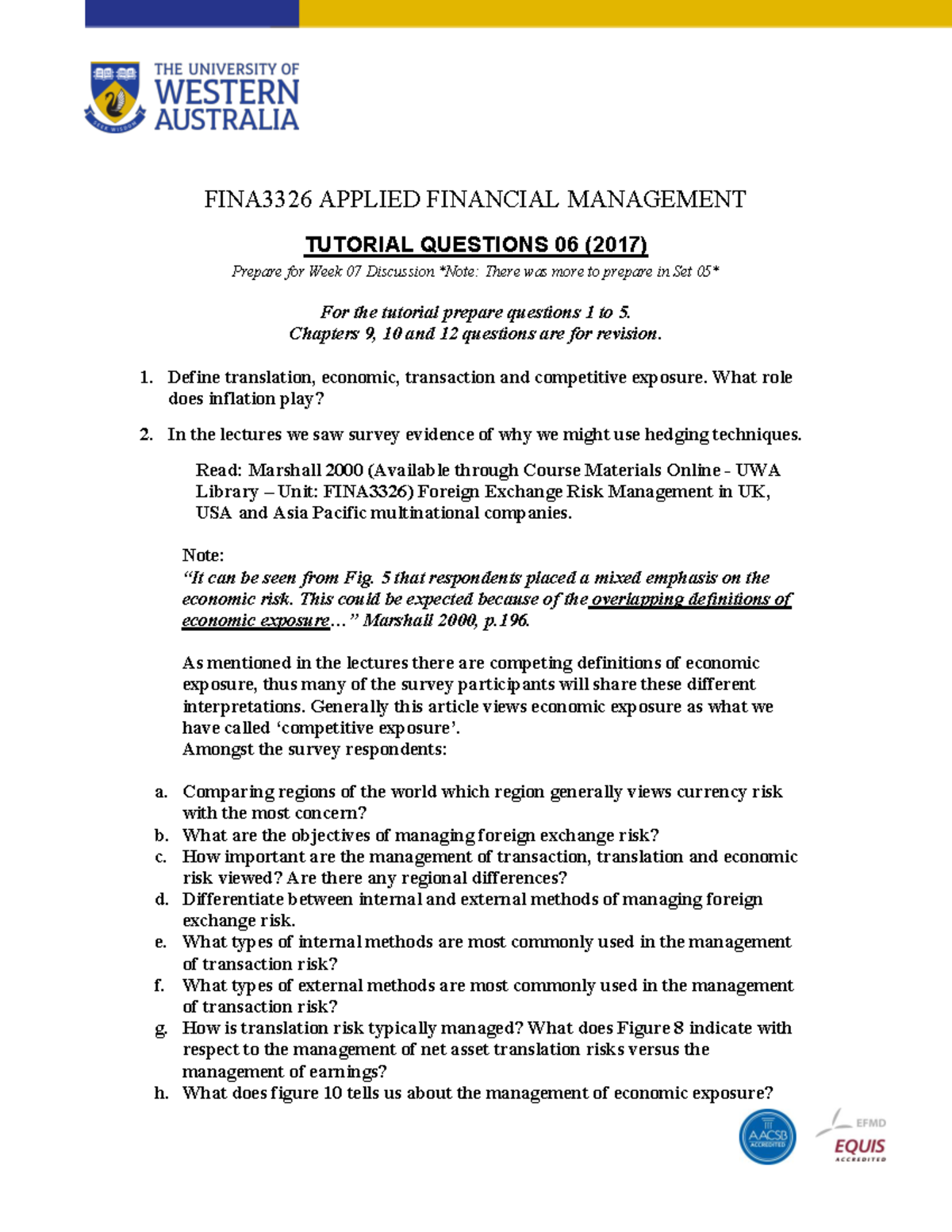 FINA3326 Applied Financial Management Tutorial Questions 06 (2017 ...