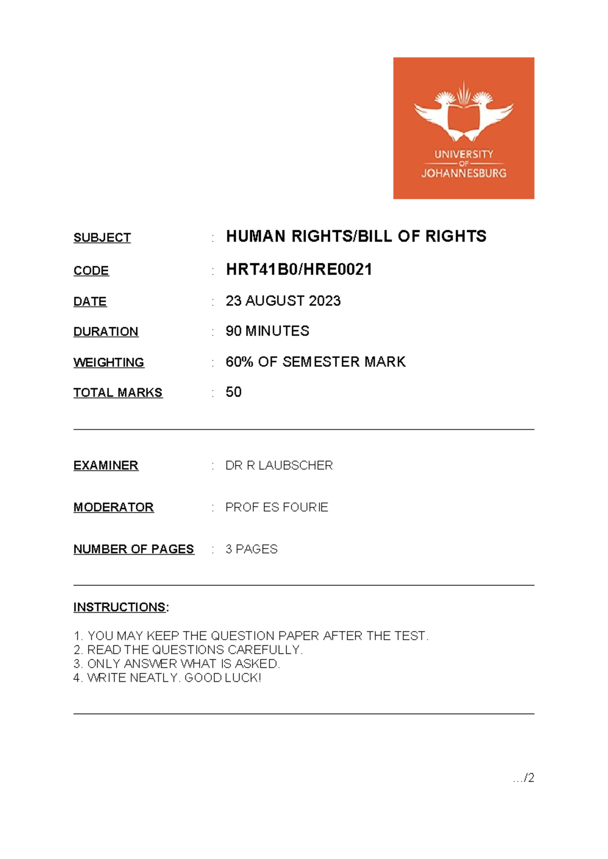 Human Rights AUG Semester TEST 23 AUG 2023 - SUBJECT : HUMAN RIGHTS ...