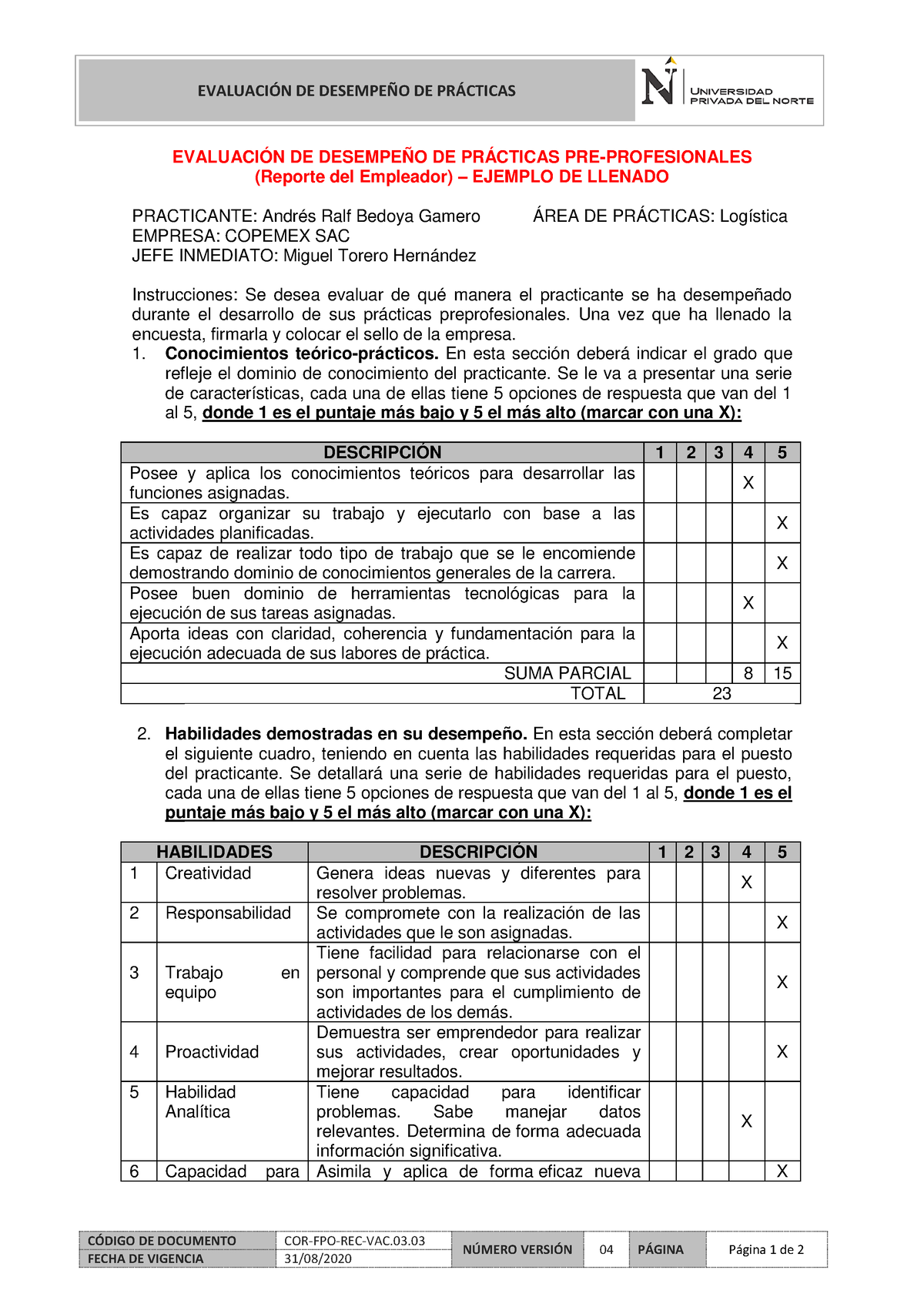 2 2 Evaluacion de Desempeño de PPP Ejemplo Llenado EVALUACIN DE DESEMPEO DE PRCTICAS C