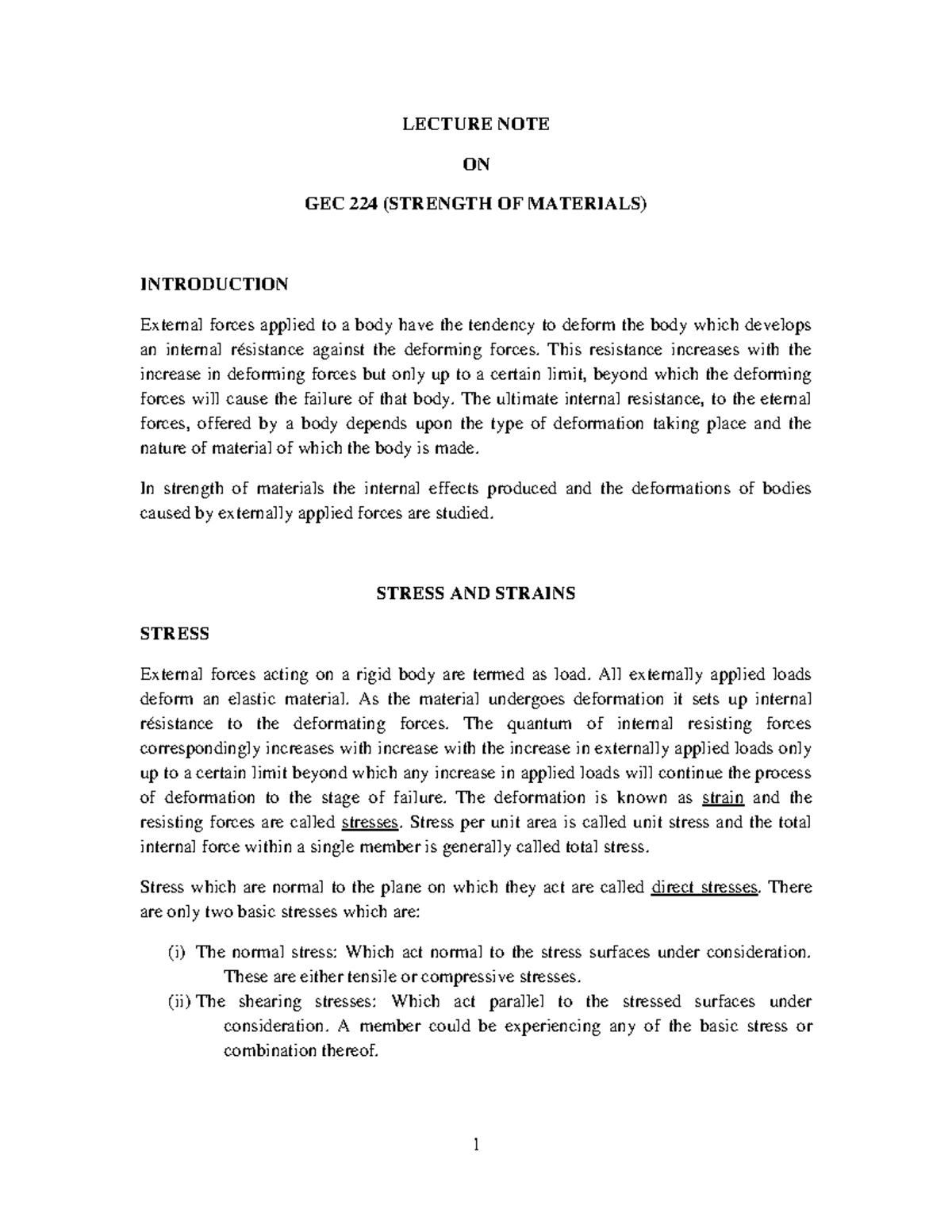 GEC224 Lecture Note on Strength OF Materials LECTURE NOTE