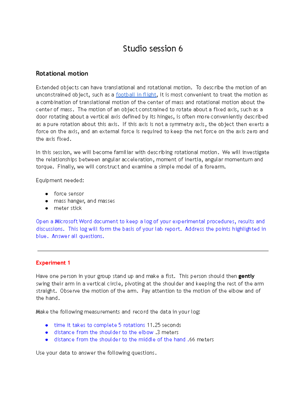 Studio session 6 - lab 6 - Studio session 6 Rotational motion Extended ...