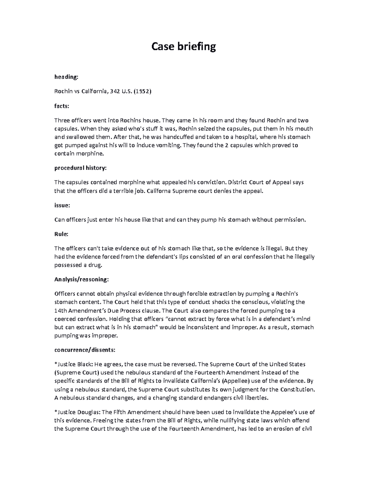 Rochin v. california - casebrief - Case briefing heading: Rochin vs ...